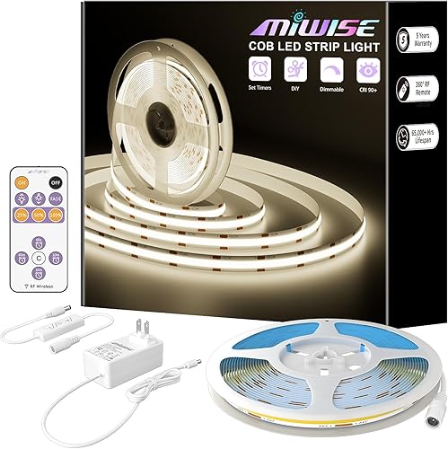 MIWISE Tira LED COB, 4000K blanco natural de 20 pies20.0 ft, tira de luz LED súper brillante regulable de 24 V, cinta flexible CRI 90+ con función