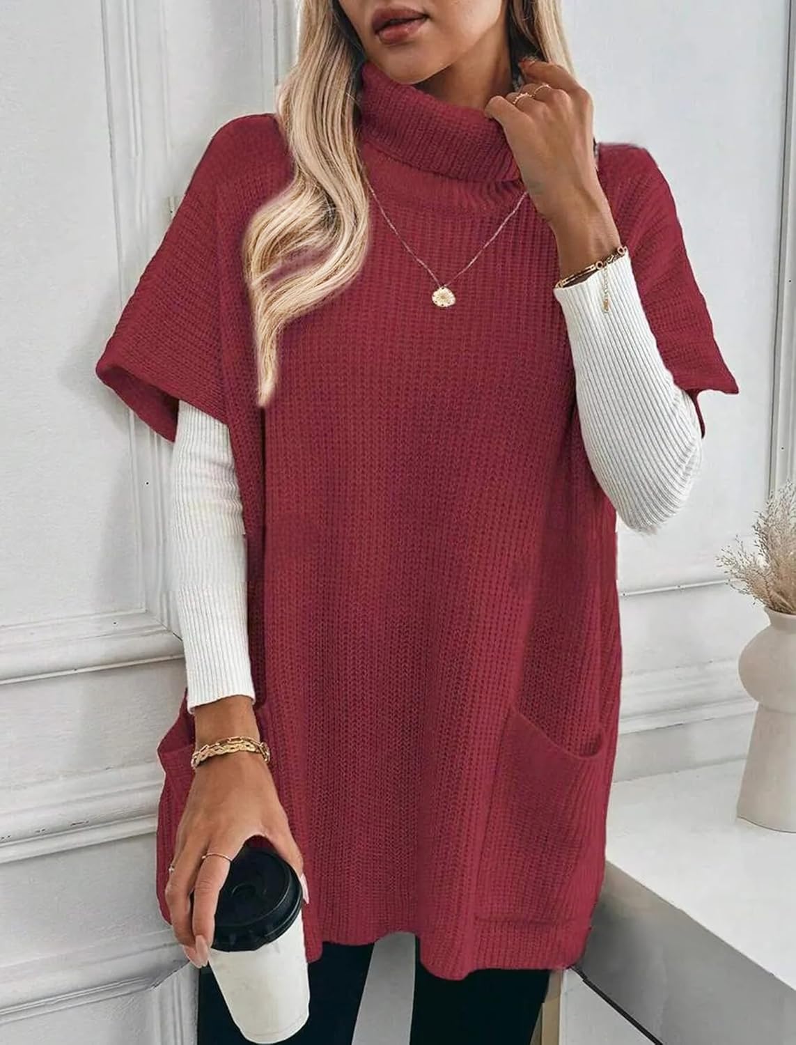 ZAFUL Women's Oversized Turtleneck Sweater Dress Short Batwing Sleeve Knitwear with Pockets Trendy Fall Sweaters 2025 - Image 4