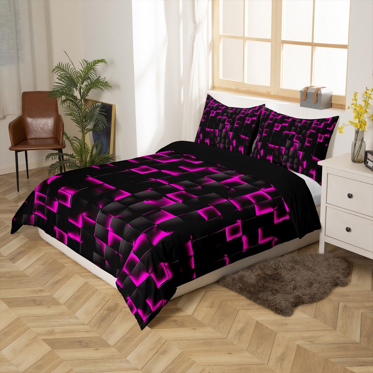 Homewish Neon Black Purple Duvet Cover King Violet Geometric Checkered Bedding Set for Kids Teen Adults Gaming Room Decor Abstract Ombre Plaid Quilt Cover Grids Bed Set - Image 2