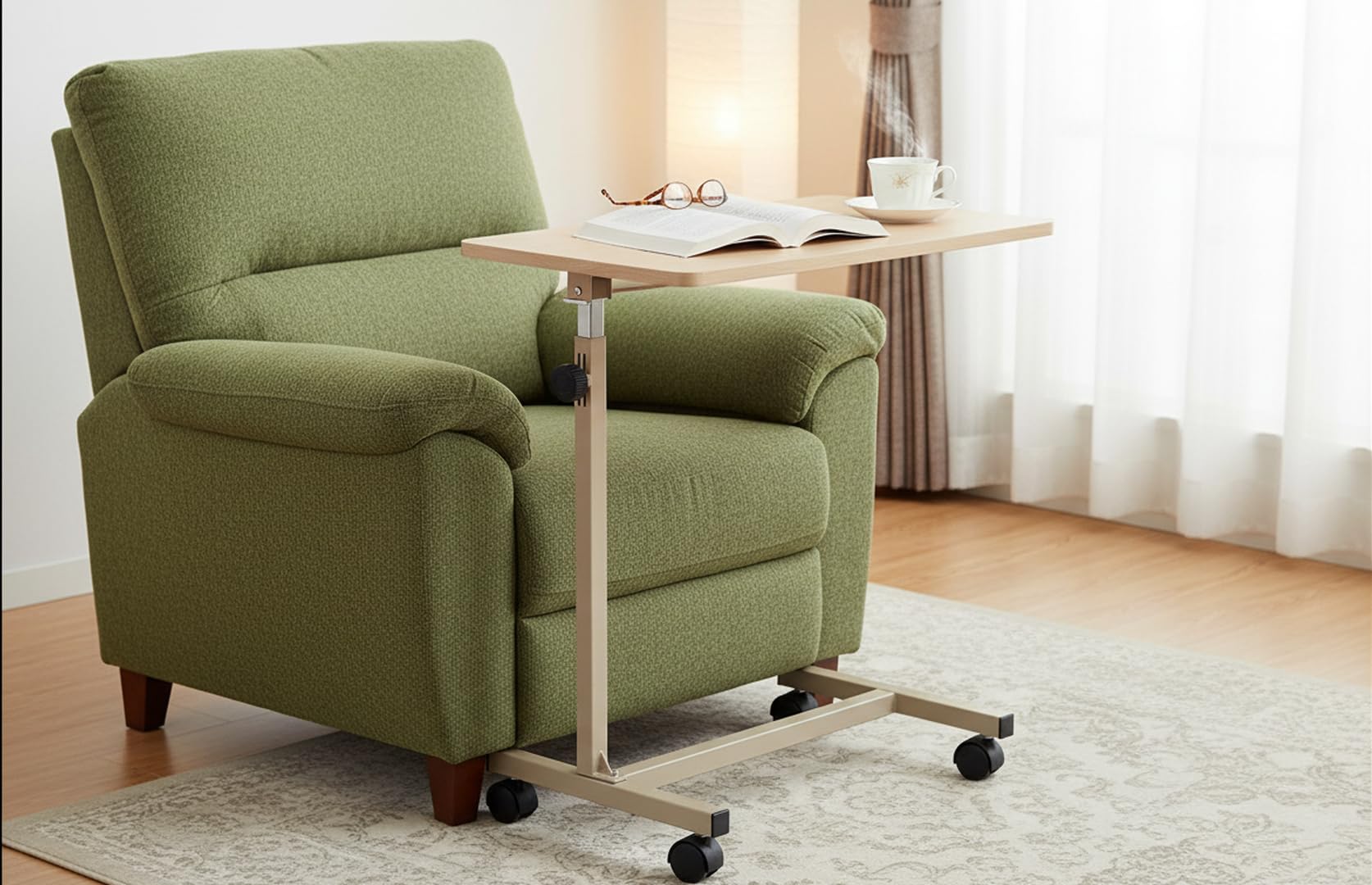 Ausilium Tavolino Servipranzo Regolabile in Altezza per Letto e Divano - Tavolo Ortopedico in Legno con Ruote Piroettanti e Struttura in Acciaio - Ideale per Anziani e Disabili