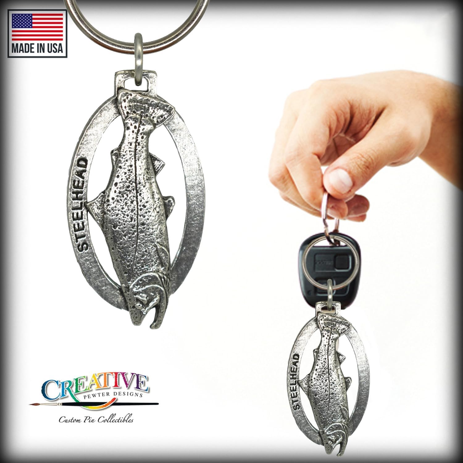 Steelhead Male, Pewter Keychain, F032KC, Trout, Key Fob, Key Chain, Luggage Tag, Jewelry, Metal, Gift, 100 Fish Designs Available, Handmade in the USA, 100% Made in America image 3
