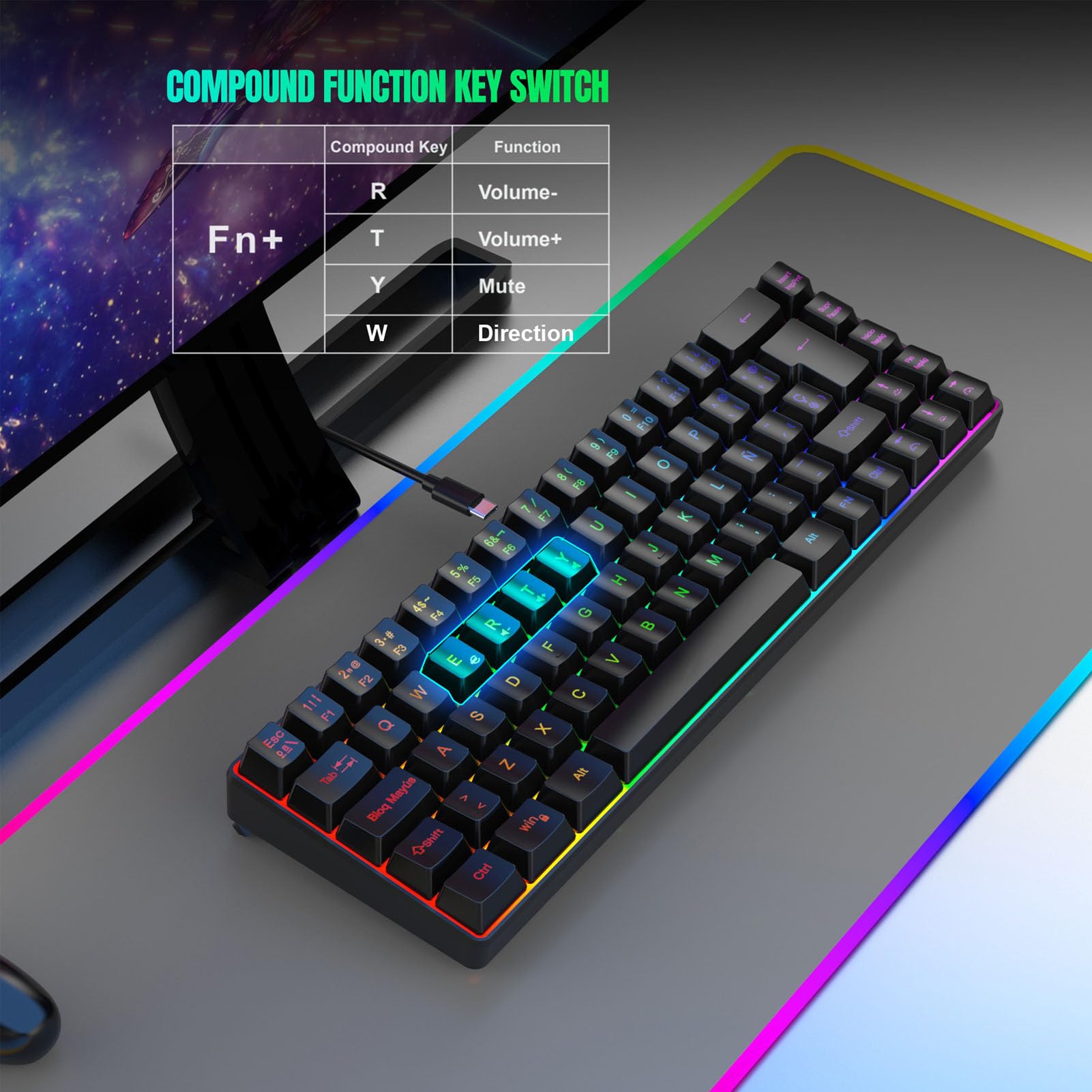 Bewinner Tastiera Meccanica da Gioco Al 60%, Tastiera Compatta Retroilluminata a LED RGB a 20 modalità con 68 Tasti, Tastiera Meccanica Ergonomica USB per Tablet PC Portatile (BLACK)
