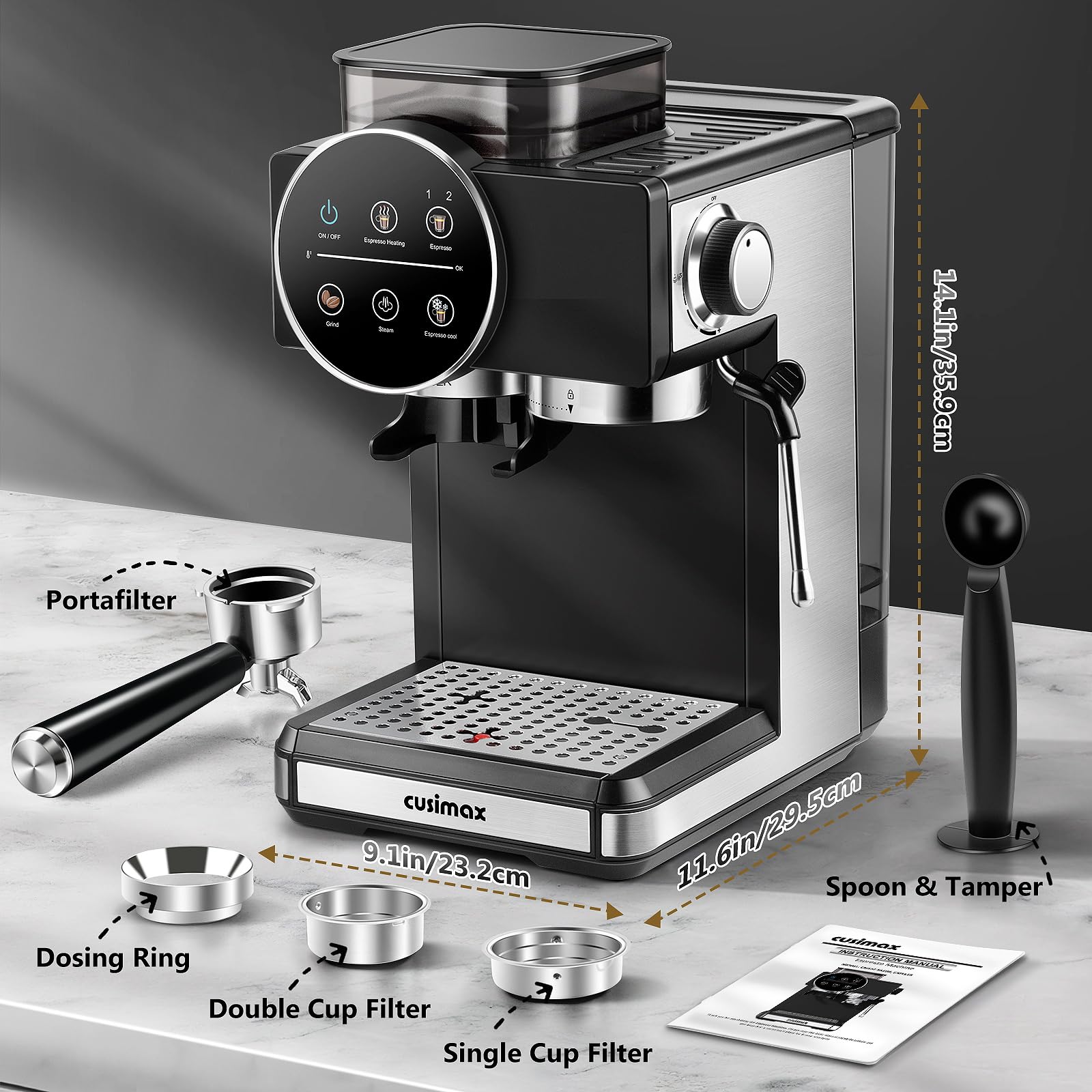 Espresso Machine with Grinder, 20 Bar Professional Expresso Coffee Machines with Milk Frother Steam Wand, Espresso Maker with 60oz Removable Water Tank, Cappuccino & Latte Machine for Home (Black) — view 9
