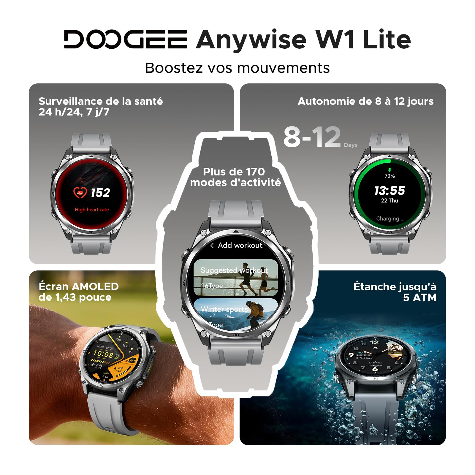Anywise W1 Lite Montre Connectée Homme,1.43''AMOLED Smartwatch avec Appel Bluetooth, 5ATM Fitness Tracker,170+ Modes Sport,12 Jours Autonomie/Heart Rate/SpO2/Sleep Monitor