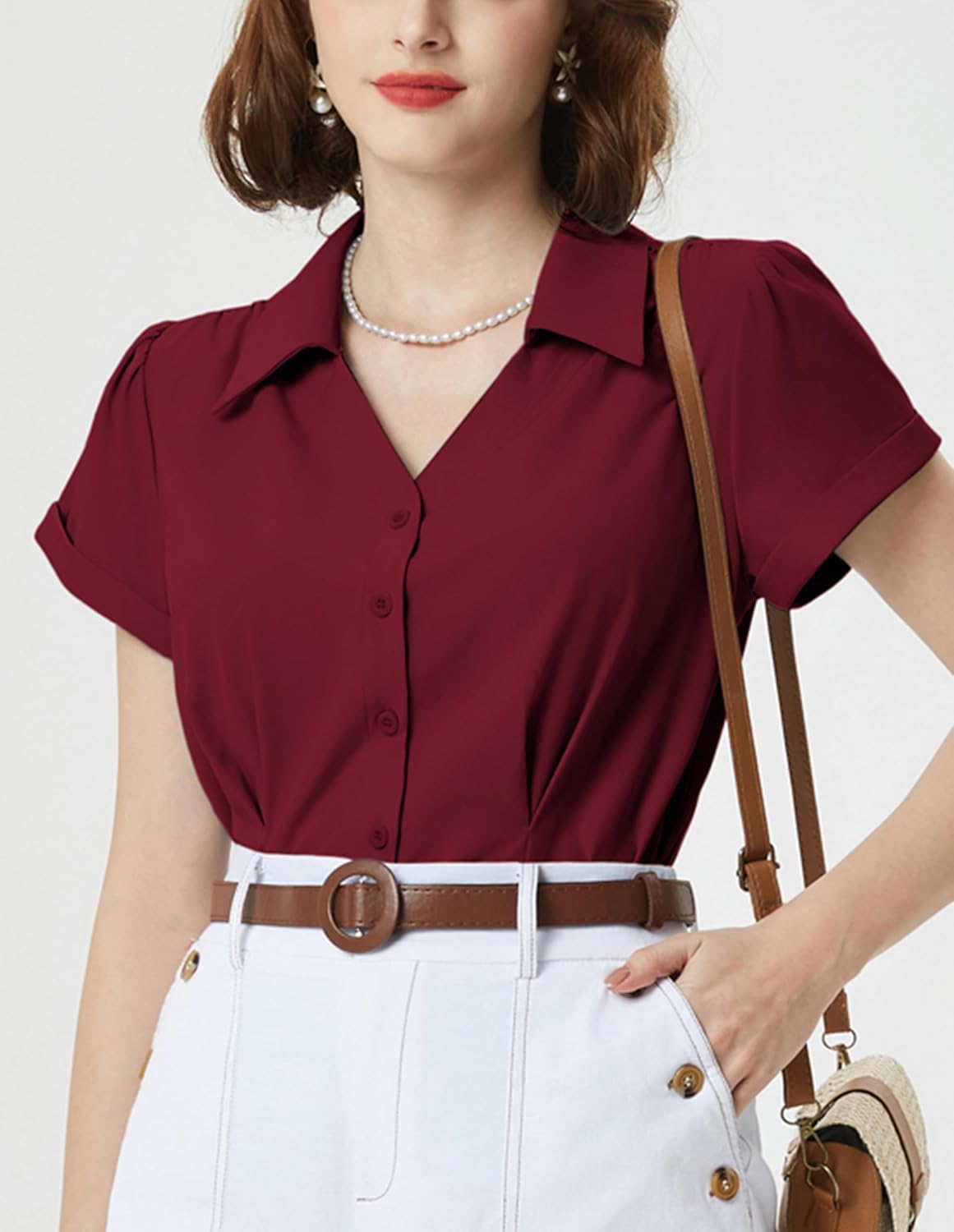 Belle Poque Women Short Sleeve Button Down Shirts Vintage Shirts Business Casual Dressy Blouse Tops - Image 3
