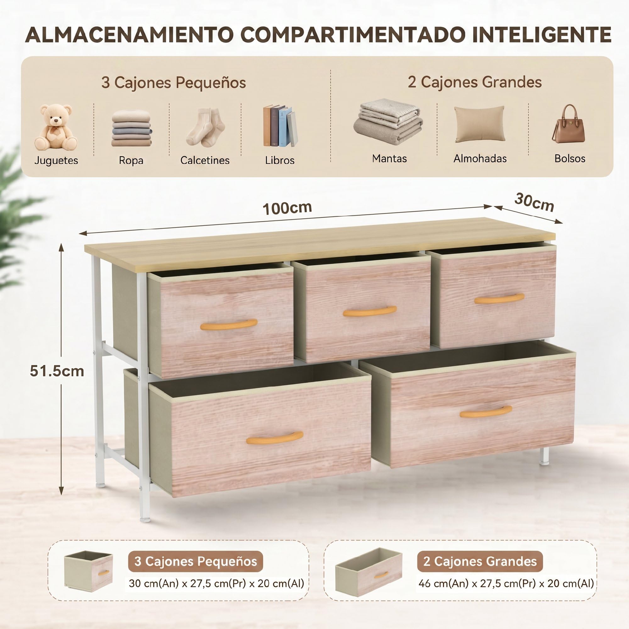 HOMCOM Cómoda con 5 Cajones de Tela para Dormitorio Salón Natural y Blanco