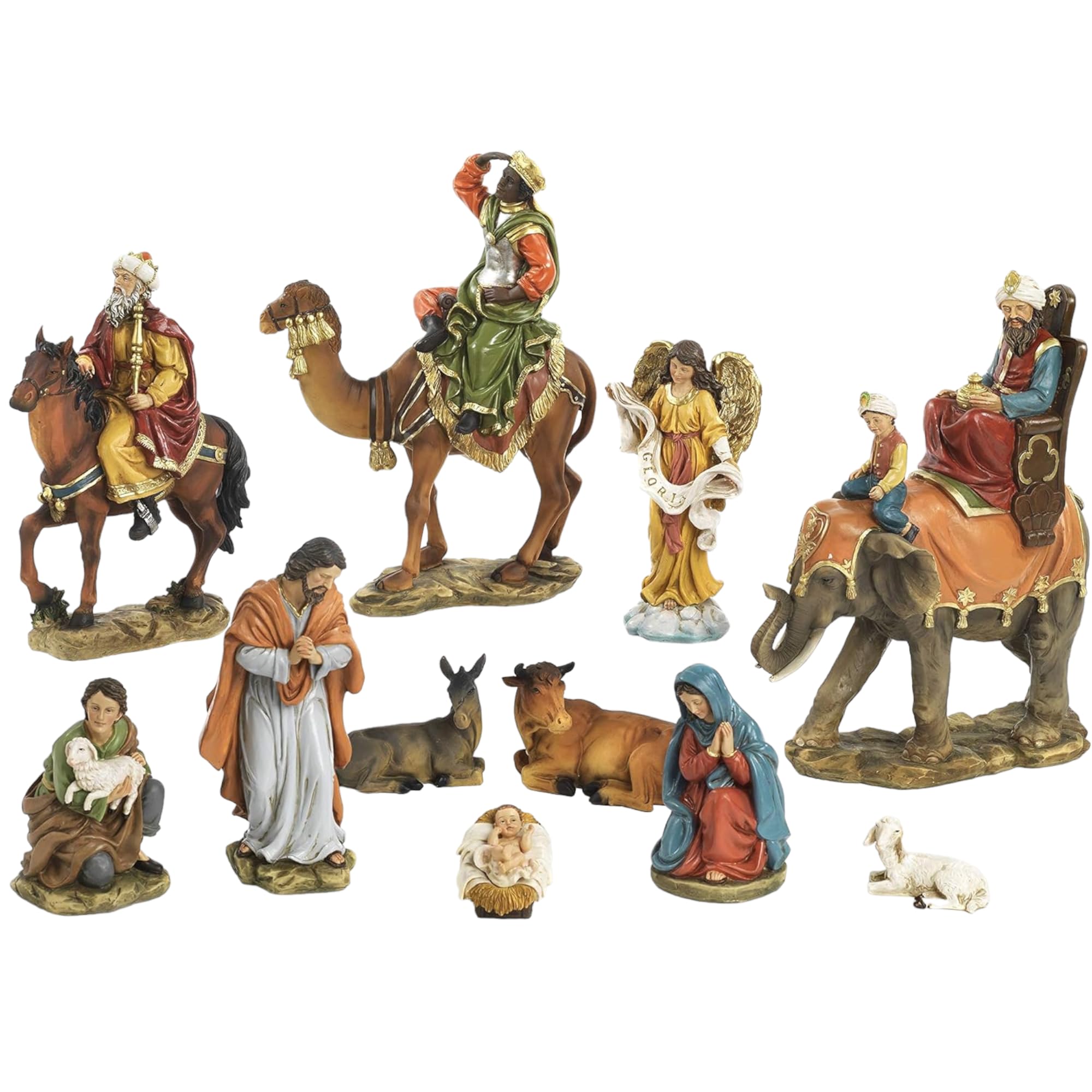 Generico Presepe Natività Lusso con 10 soggetti Re Magi con ELEFANTI Fino a 20 cm CON BASE LEGNO Personaggi in Resina Giuseppe Maria Gesù Bambino, Bue e Asinello, Angelo, Pastore con Pecora