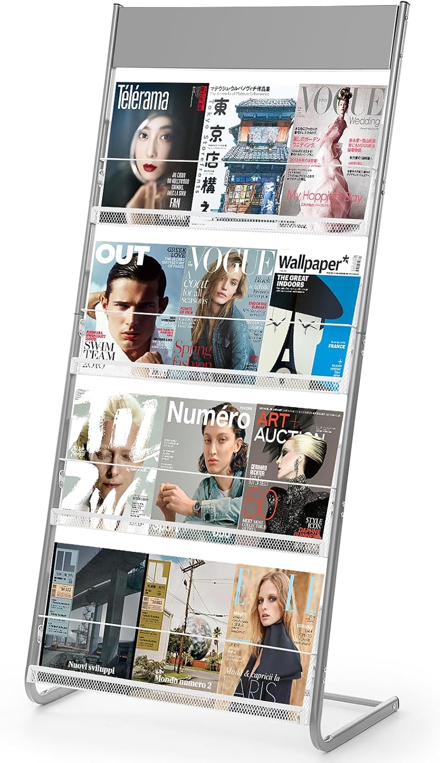 Floor Standing Magazine Rack Magazine Holder, 4 Pocket Brochure Rack Stand for Home Office Books Newspapers (Silver)