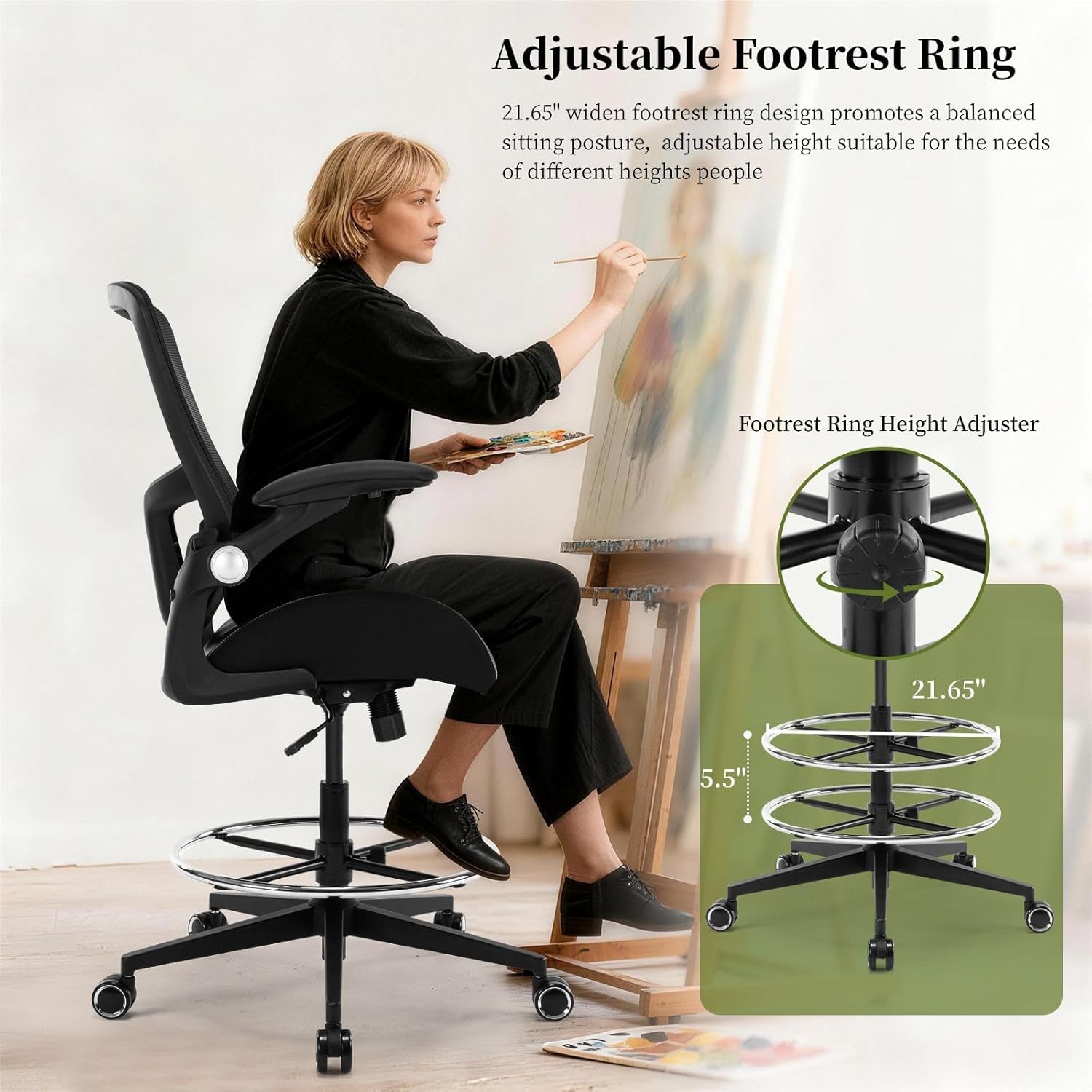 Drafting Chair, Tall Office Chair with PU Leather Seat, Standing Desk Chair Counter Height Office Chairs with 21.65'' Footrest Ring and Adjustable Lumbar Support Armrests Black