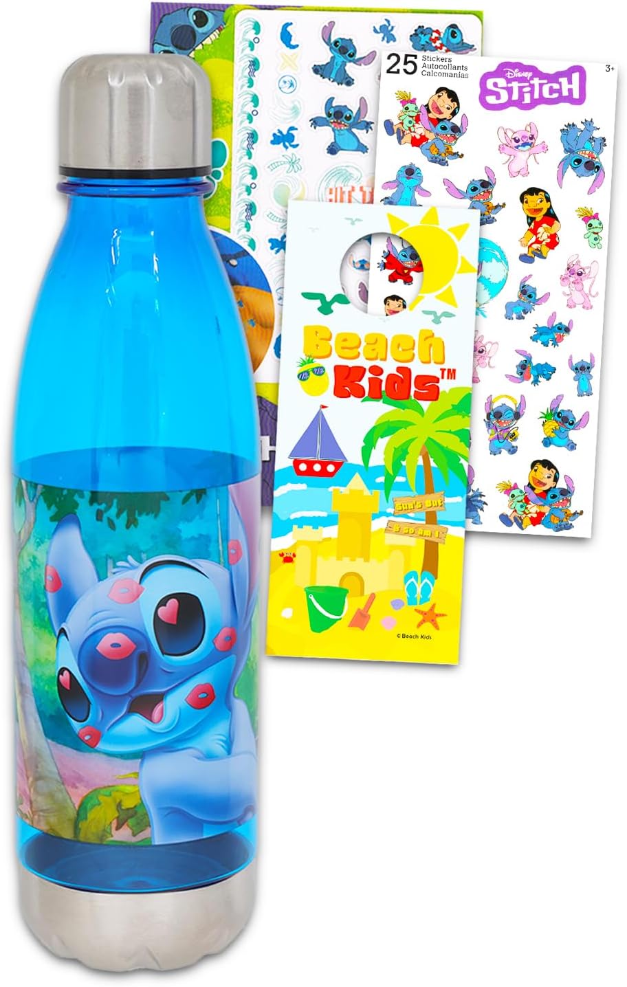 Disney Stitch Water Bottle for Girls – Bundle with Stitch and Angel Reusable Water Bottle for Home, School, Sports Plus Stickers, More | Lilo and Stitch Water Bottle for Kids
