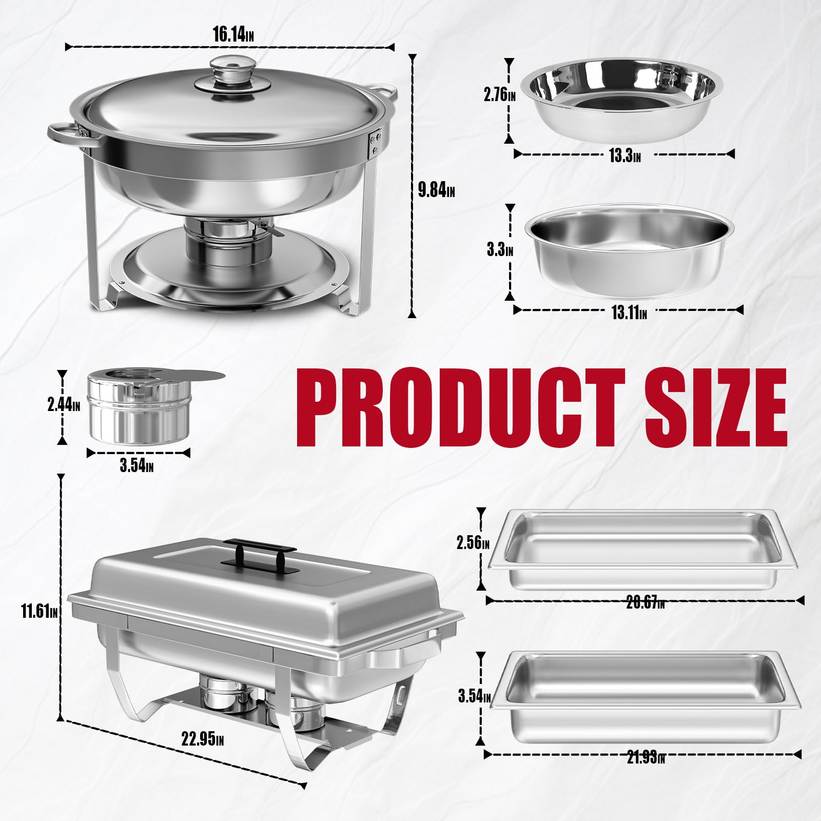 IMACONE Juego de 2 platos de rozaduras, rectangulares de 8 cuartos y redondos de acero inoxidable de 5 cuartos de galón para catering, chafers y calentadores de bufé con bandeja de alimentos y agua,