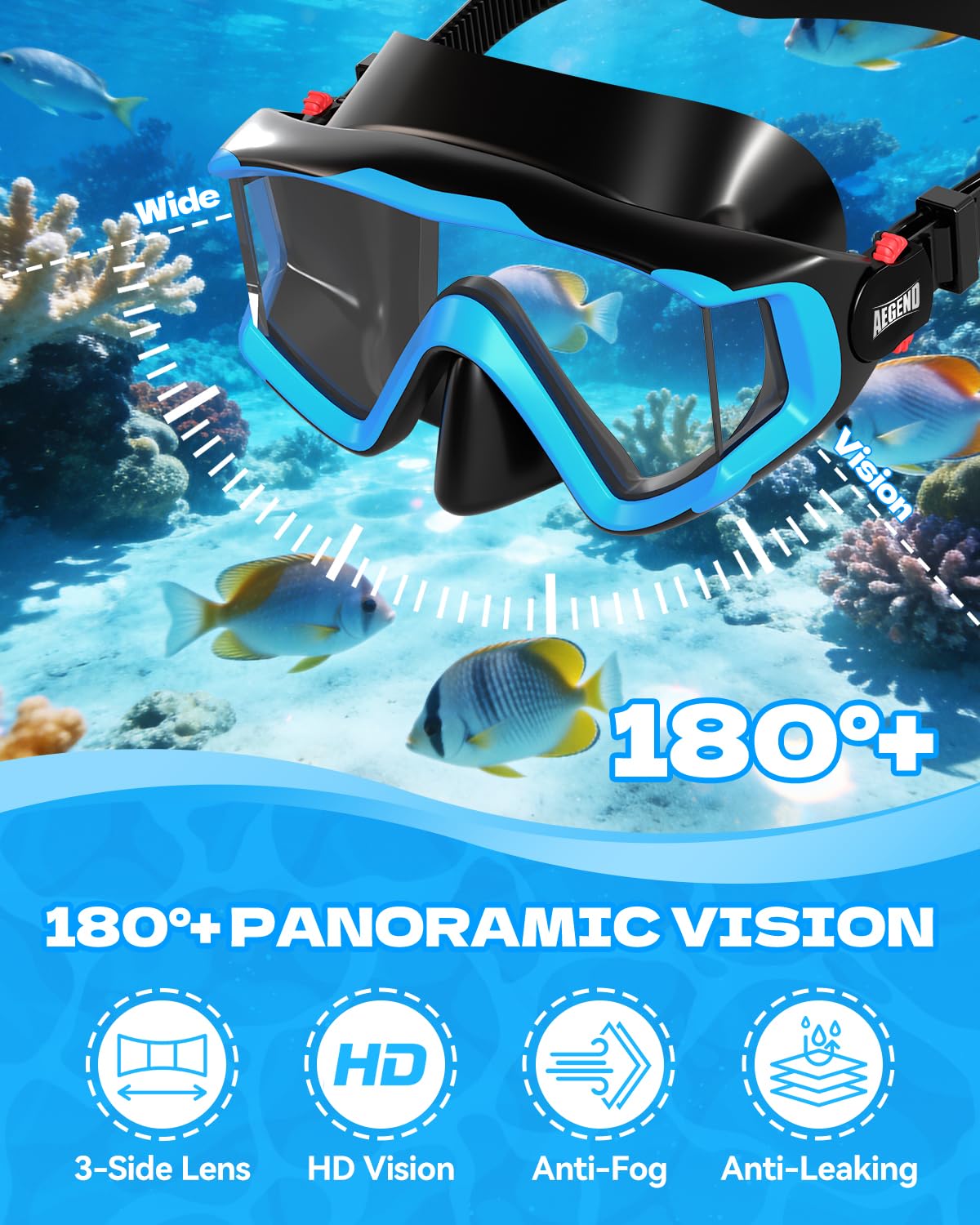 Aegend Attrezzatura da snorkeling per bambini e ragazzi, maschera subacquea anti-appannamento, pinne regolabili e boccaglio asciutto, kit completo per snorkeling, immersioni, immersioni subacquee e