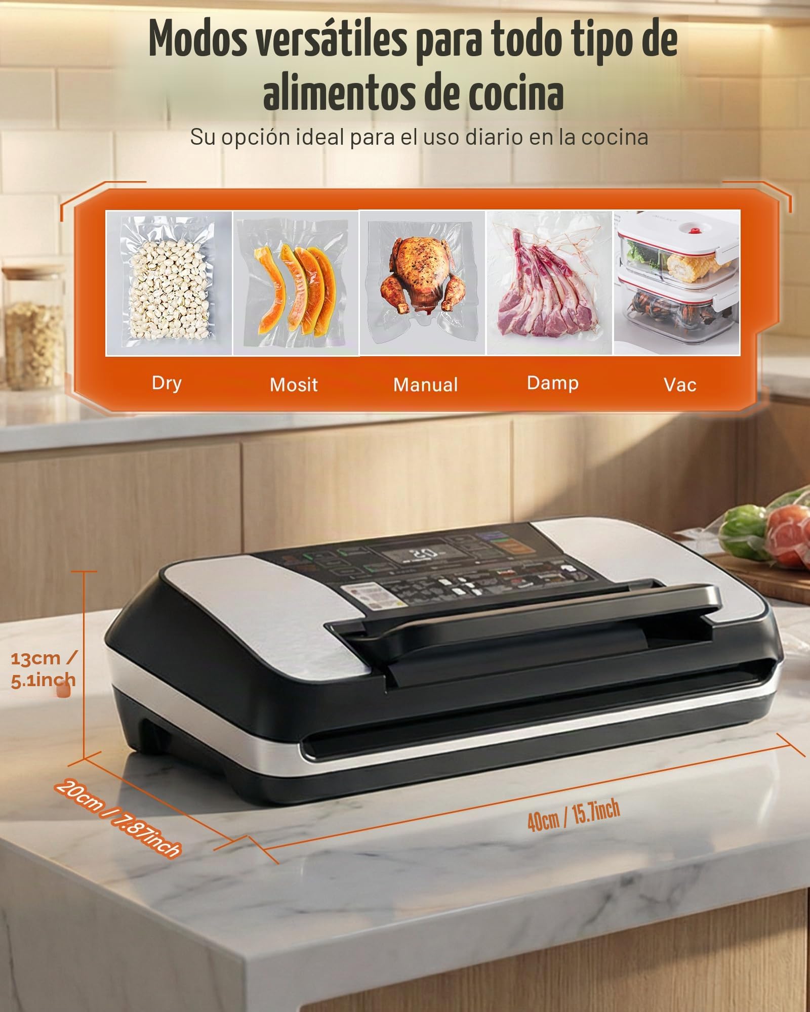 Envasadora al Vacío Doméstica y Profesional para Alimentos – 95 kPa, Aparato 12 en 1 con Doble Soldadura, Easy-Lock, Cortador de Film Integrado, Bandeja Desmontable para Conservación de Larga Duración
