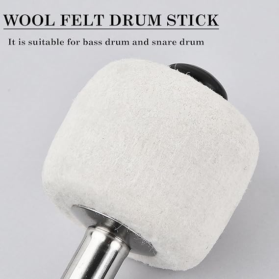 Felt Head Drum Mallets 2 Pack – Percussion Timpani Sticks with Stainless Steel Handle and Storage Bag, Anti-Slip Grip, Compatible with Snare and Bass Drum (White)