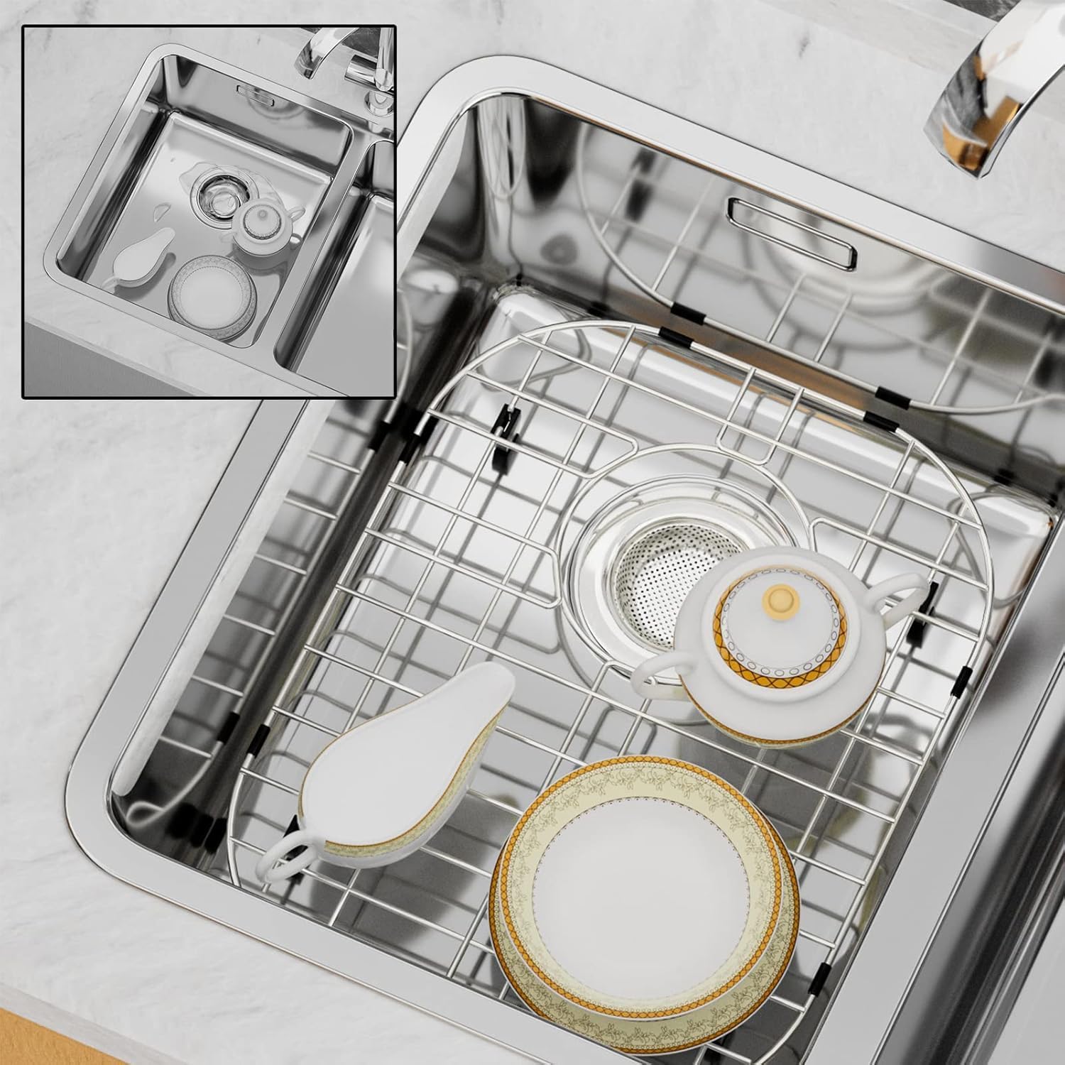 Sink Protectors for Kitchen Sink,2 Packs of Stainless Steel Sink Grids,Metal Sink Racks 14.6"L×11.2" for bottom of Sink,Sink Grates with Rear Drain and Corner Radius 3.5"
