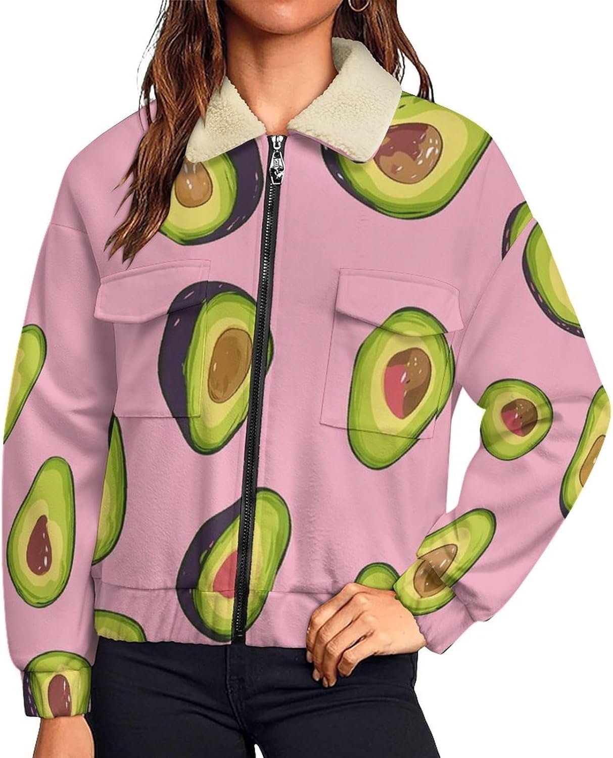 Womens Fuzzy Fleece Jacket with Cute avocado Printed, Zip Up Lapel Sherpa Lined Coats, Casual Winter Warm Outwear