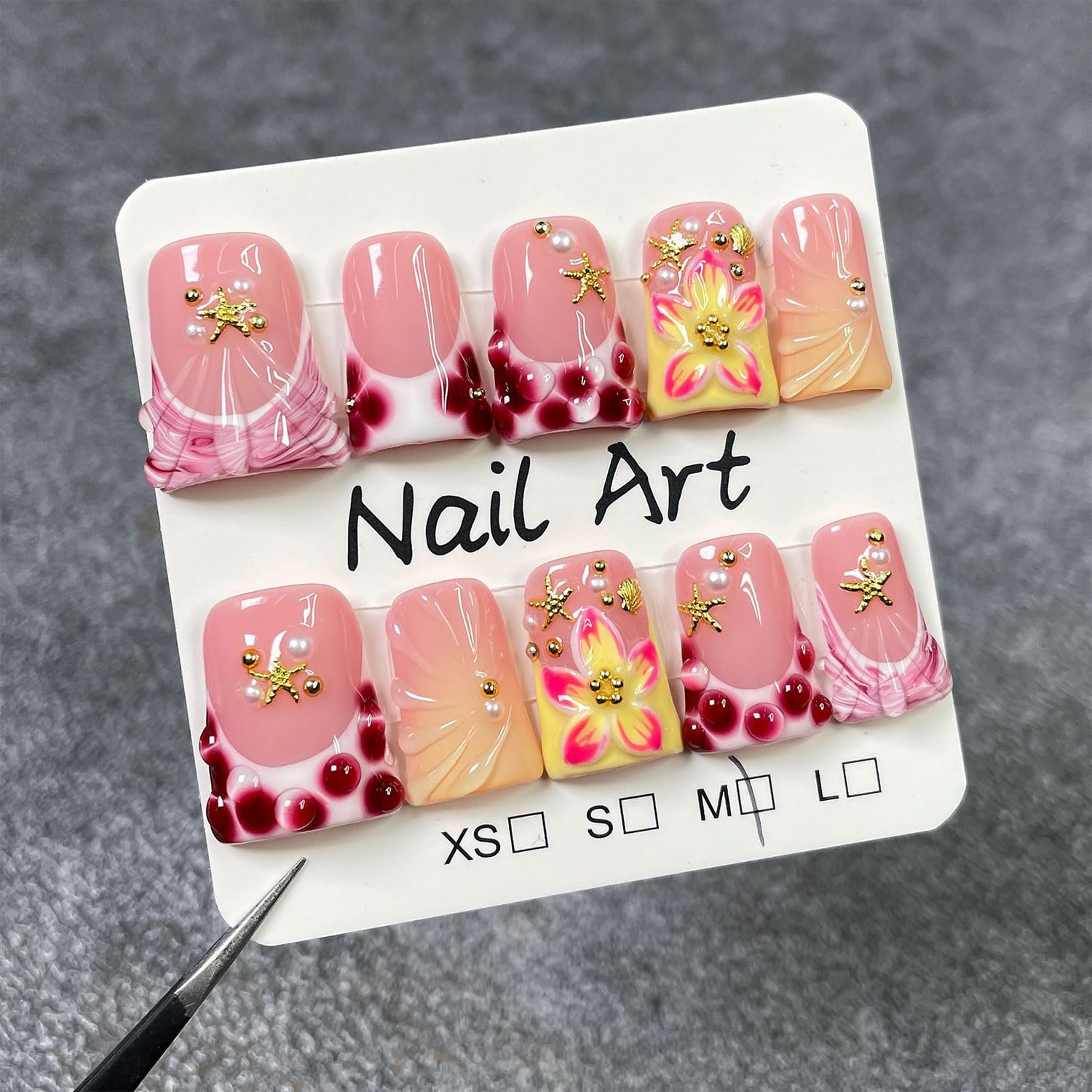 Duck Press on Nails Medium Fake Nails with Glue French Tip Handmade False Nails with 3D Flower Starfish Designs Acrylic Nails Press Ons Artificial Glossy Stick on Nail for Women 10 Pcs (Size M)