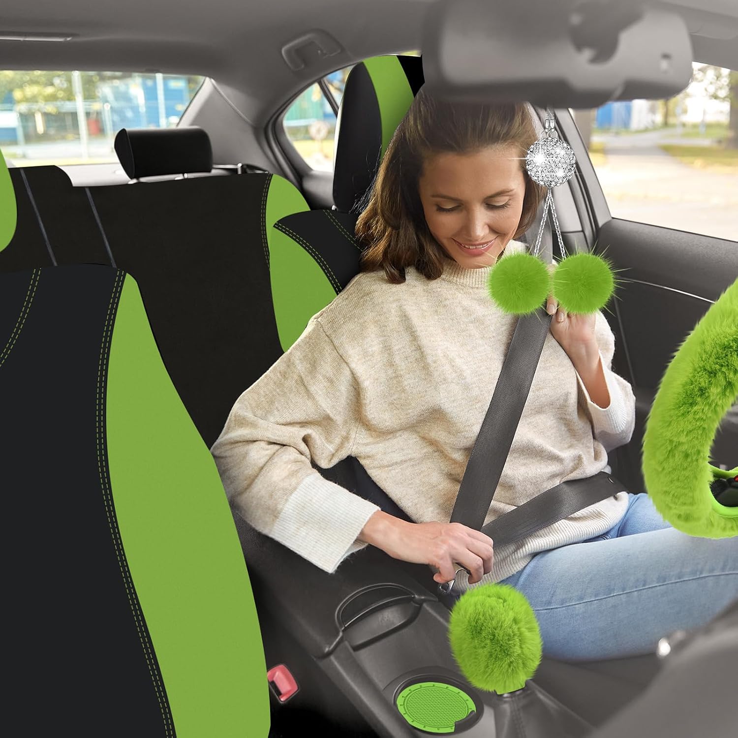 Woanger 47 Car Seat Cover Full Set for Women Included Car Front Rear Seat Fluffy Steering Wheel Cover Belt Automotive Floor Mats Air Conditioner Decoration Strip Universal(Green)