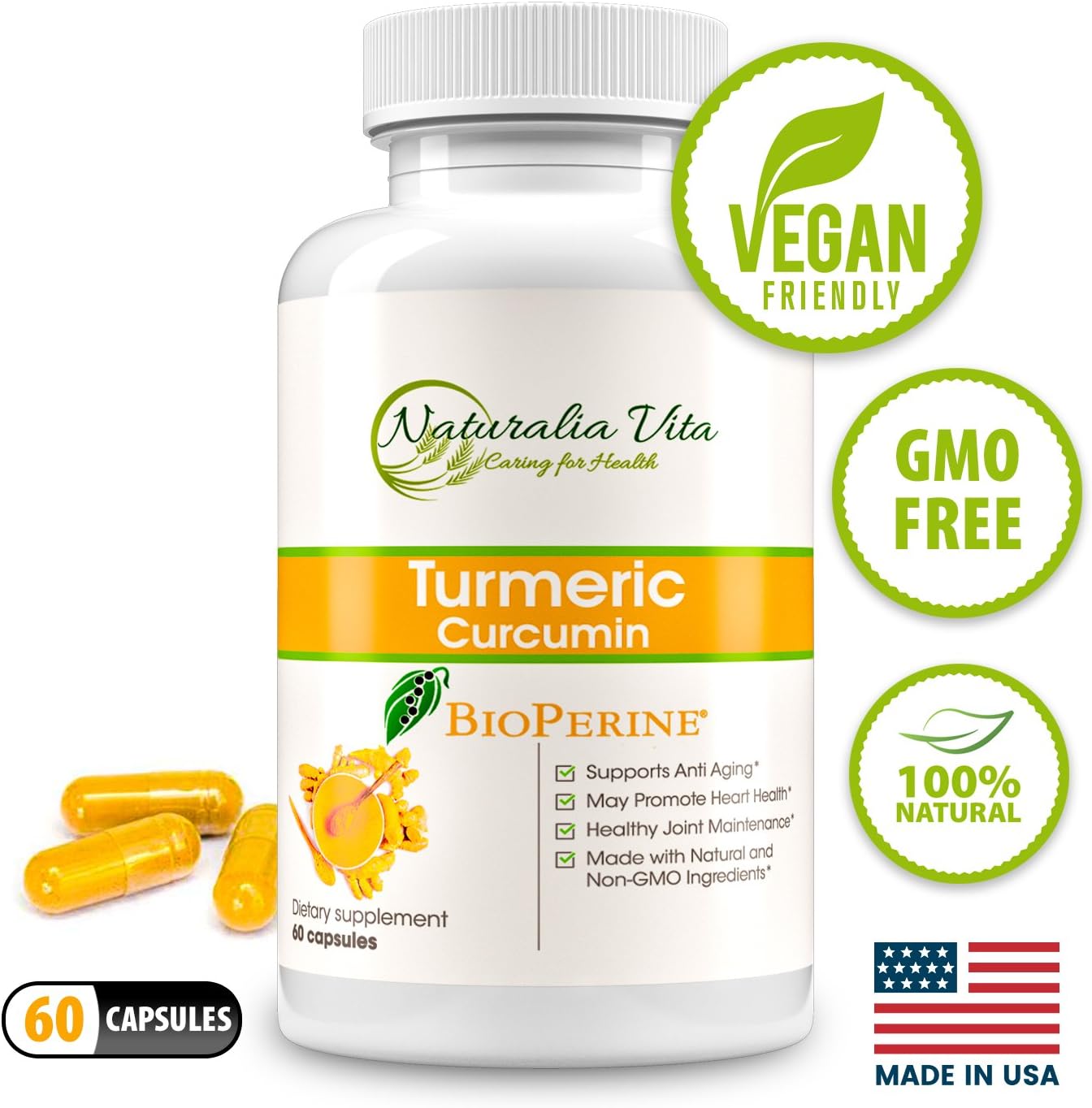 Turmeric Curcumin Supplement Capsules - Premium High Absorption Curcumin - Best Nature Turmeric Curcumin Bioperine Black Pepper - Non-GMO Turmeric Curcumin Extract Complex - 60 Turmeric Pills