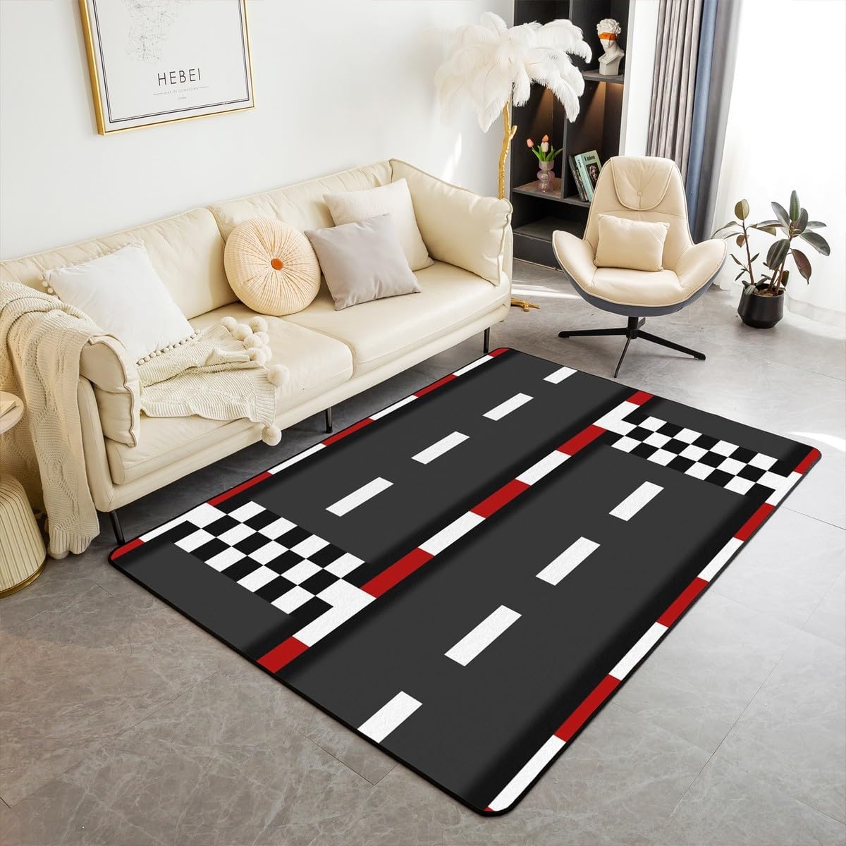 Castle Fairy Red Racing Car Area Rug,Extreme Sports Cool Car Non Slip Rug for Teens Adults,Checkers Black White Indoor Floor Mat for Housewarming Couch 3'x5'