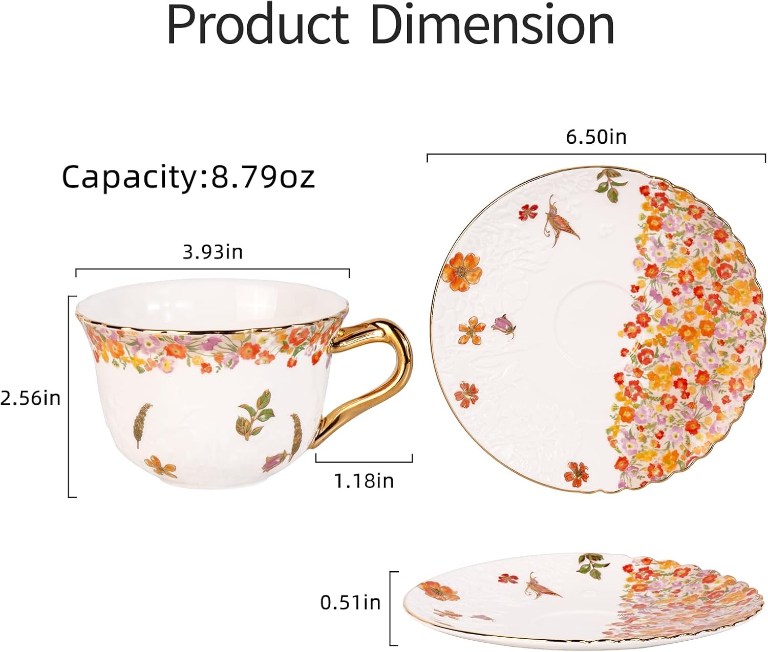 KAMMAK Tea Cups and Saucers Set of 2, Reinforced Porcelain Coffee Cups, 8.5-Ounce Stackable Espresso Mugs, Ceramic Demitasse for Coffee, Cappuccino, Latte, Americano, Tea, Secret Flourish - Image 5