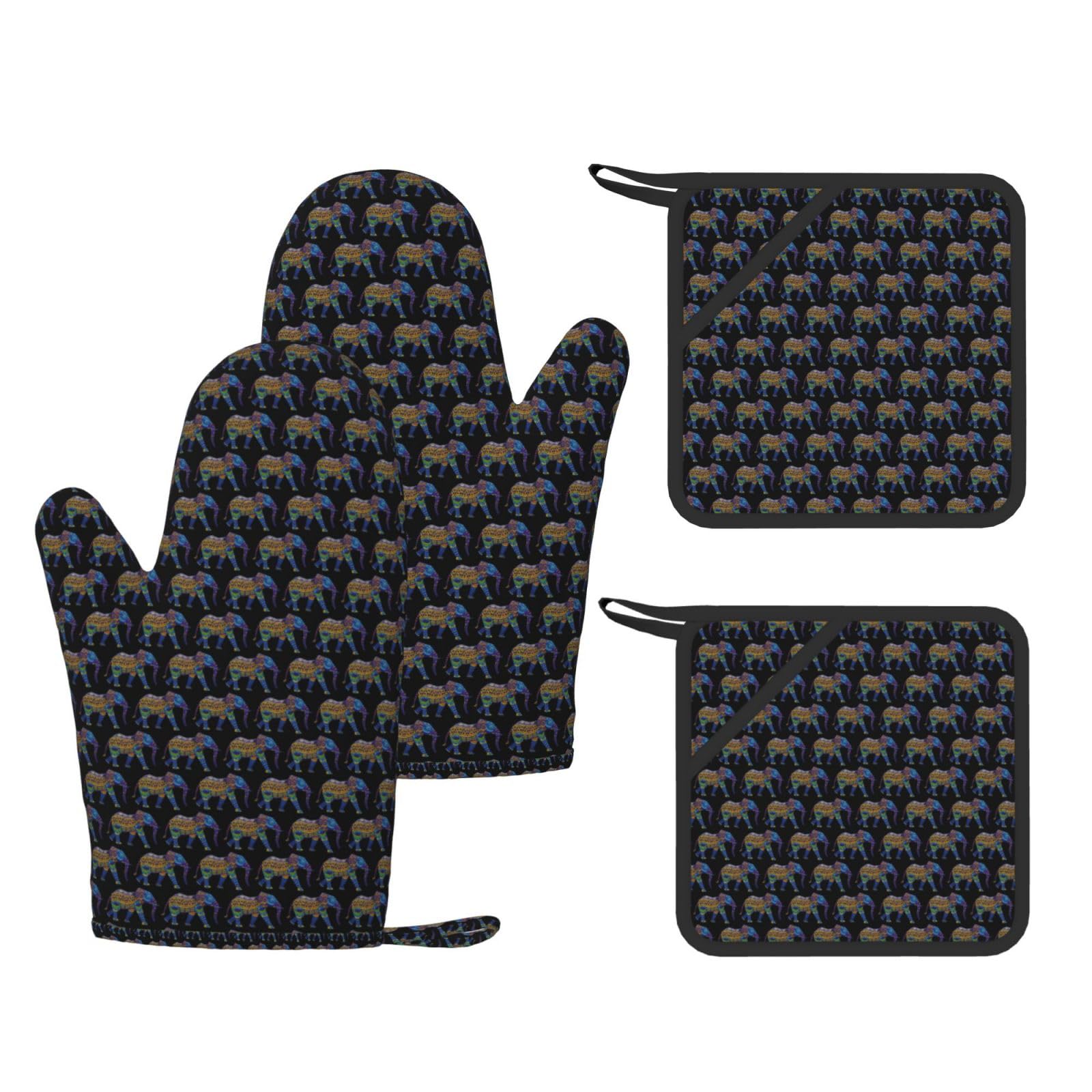 Elephant Printed Potholder and Oven Mitt Set of 4, High Heat Resistant Cooking Gloves for BBQ Grilling