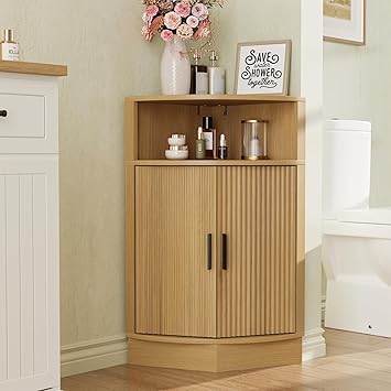 FiveWillowise Fluted Corner Cabinet, Modern Small Corner Cabinet with Wooden Fluted Door and Open Shelf, Space Saver for Bathroom, Living Room, Kitchen, Natural