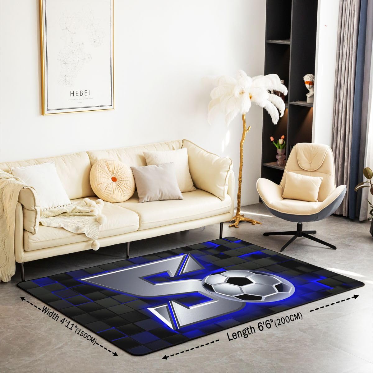 Homewish Dywaniki do piłki nożnej 100 x 150 cm - piłka nożna litera S dywan do salonu neonowy czarny niebieski gracz w kratkę nie gubi włosia dywan gry sportowe duże dywany piłka nożna dekoracja