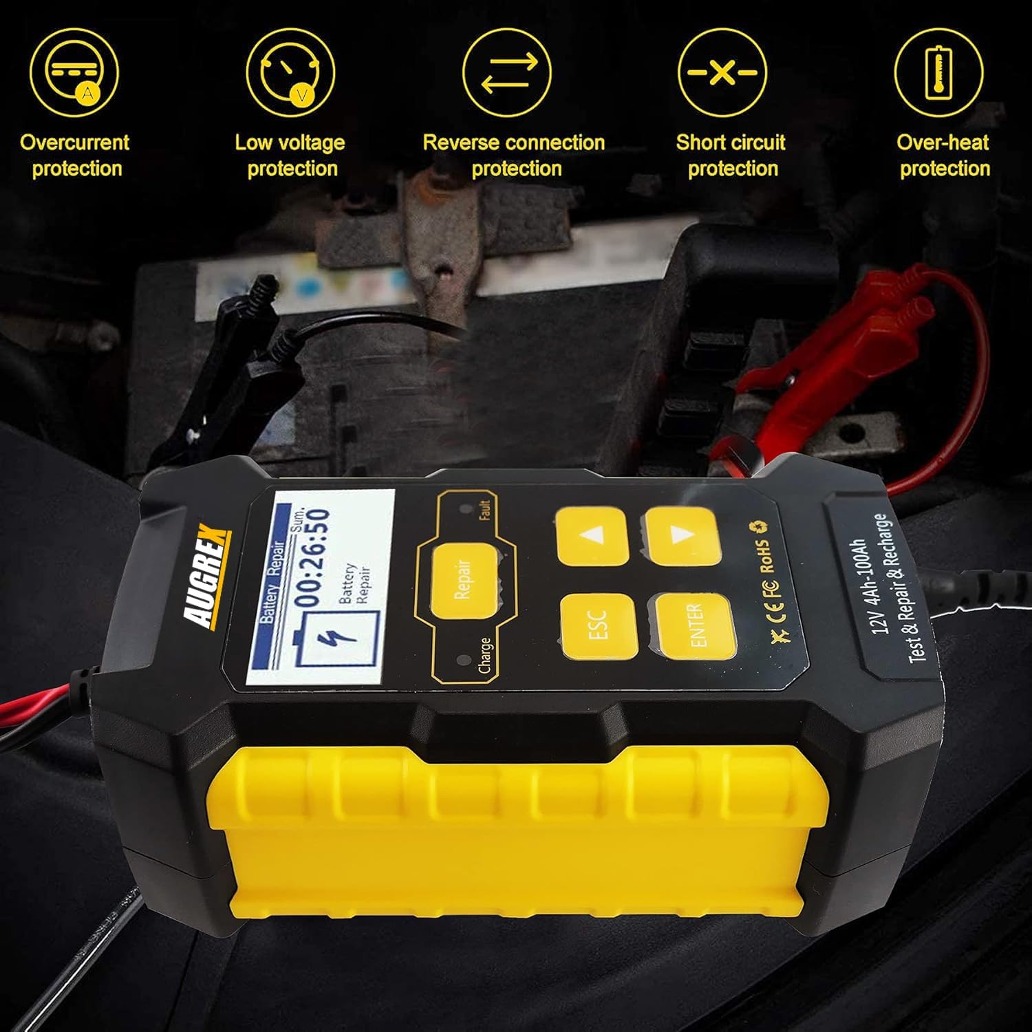 KW510 12V Car Battery Tester, 4Ah-100Ah Battery Load Tester, Fully Automatic Smart Charger Automotive Pulse Repair Maintainer, Trickle Charger Battery Desulfator, Digital Display Battery Analyzer