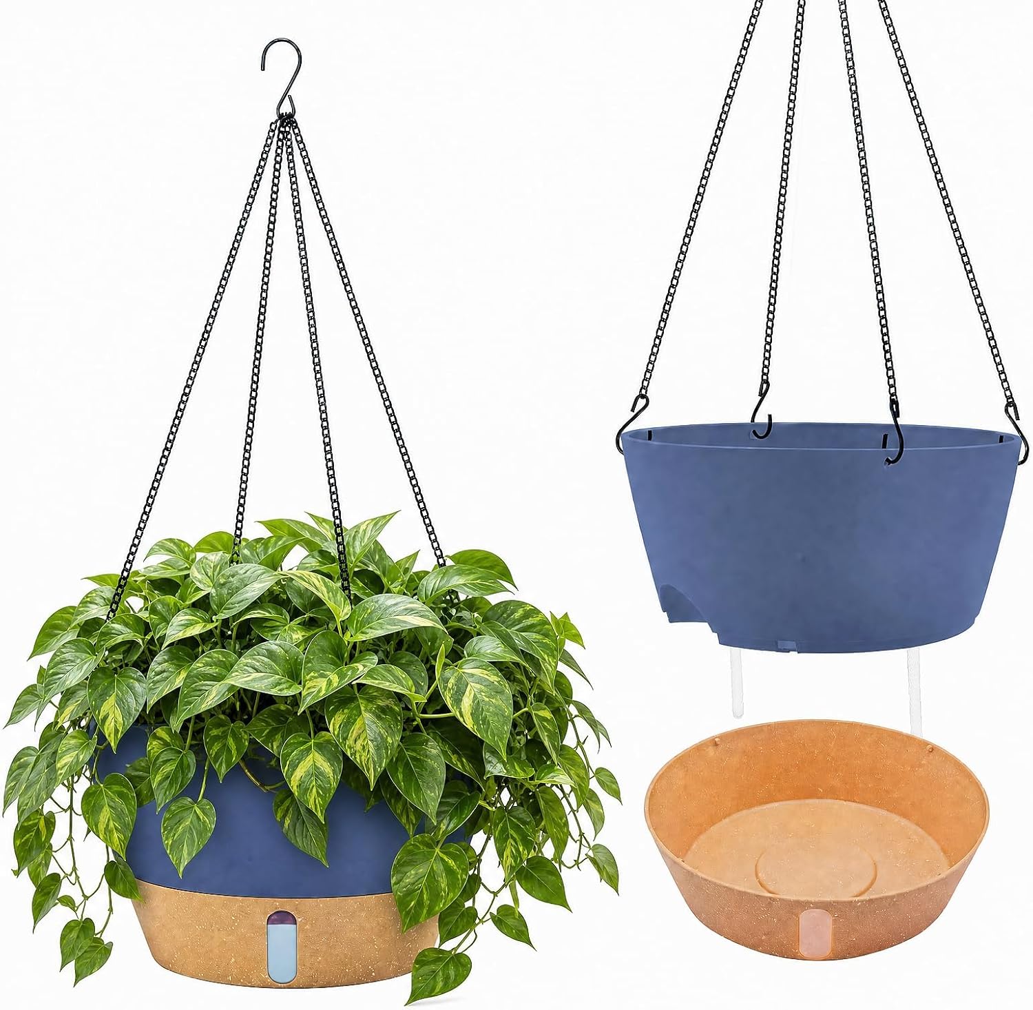 ZMTECH 12 Inch Hanging Planters for Indoor, 2 Pack Large Plant Pot with Visible Water Level and Chain, Self Watering Hanging Flower Pot for Outdoor Garden Porch(Blue)