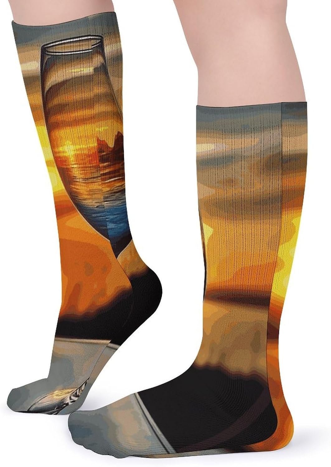 Sunset Wine Glass Knee High Socks Cozy Knee High Socks Soft Mid-Length Sock for All Seasons Daily Wear Adult