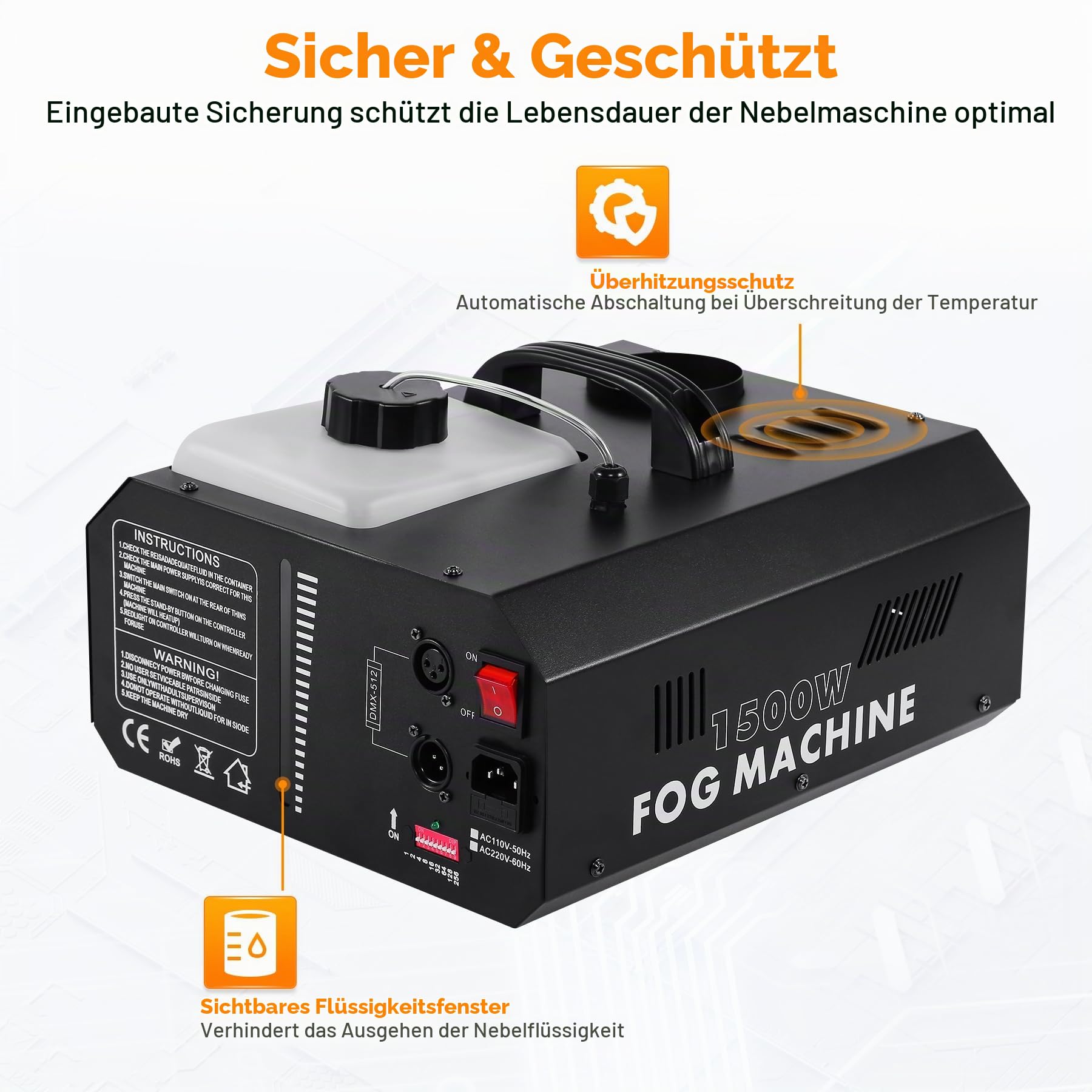 1500W Nebelmaschine mit DMX Funktion, Tragbare Effektmaschine ideal für DJ Auftritte, Disco, Party, Halloween, Hochzeiten, Weihnachten und weitere Veranstaltungen - 2 Stück