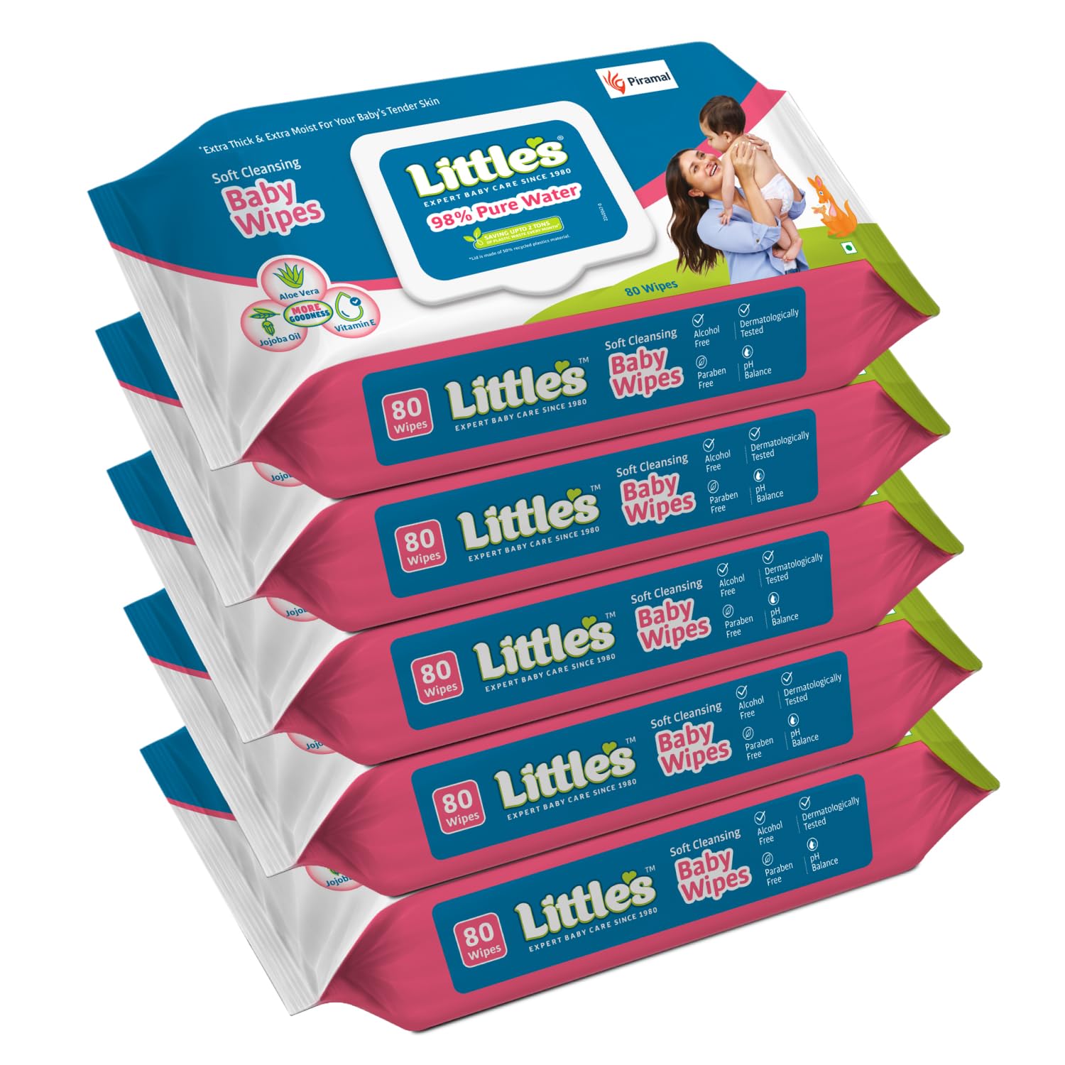 Little's Soft Cleansing Baby Wipes with Lid | 80 Wipes x Pack of 5 - 400 Wipes | Extra Thick & Moist Wet Wipes for Baby's | Prevents Rashes & Redness with Goodness of Aloe Vera, Vitamin E & Jojoba Oil