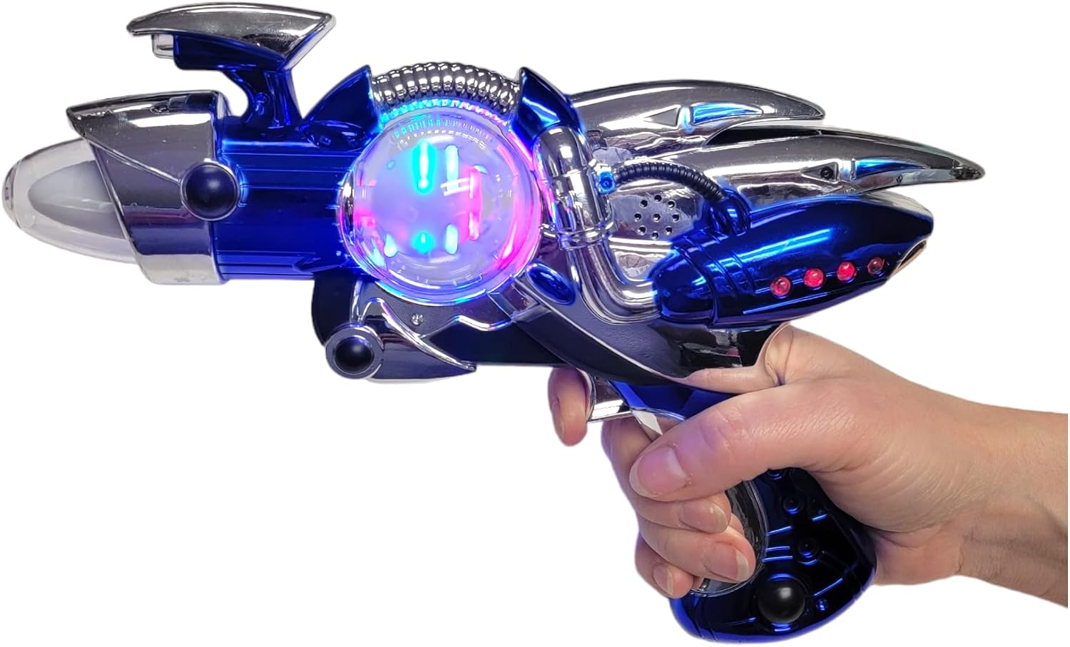 Zugar Land Light-up Galaxy Space UV Glow Super Spinning Super Space Blaster Gun (1 Pack) (11") Noisy Blacklight Reactive Glow in Dark Space Blaster. Plastic. with Sound Effects. (1, Blue Blaster)