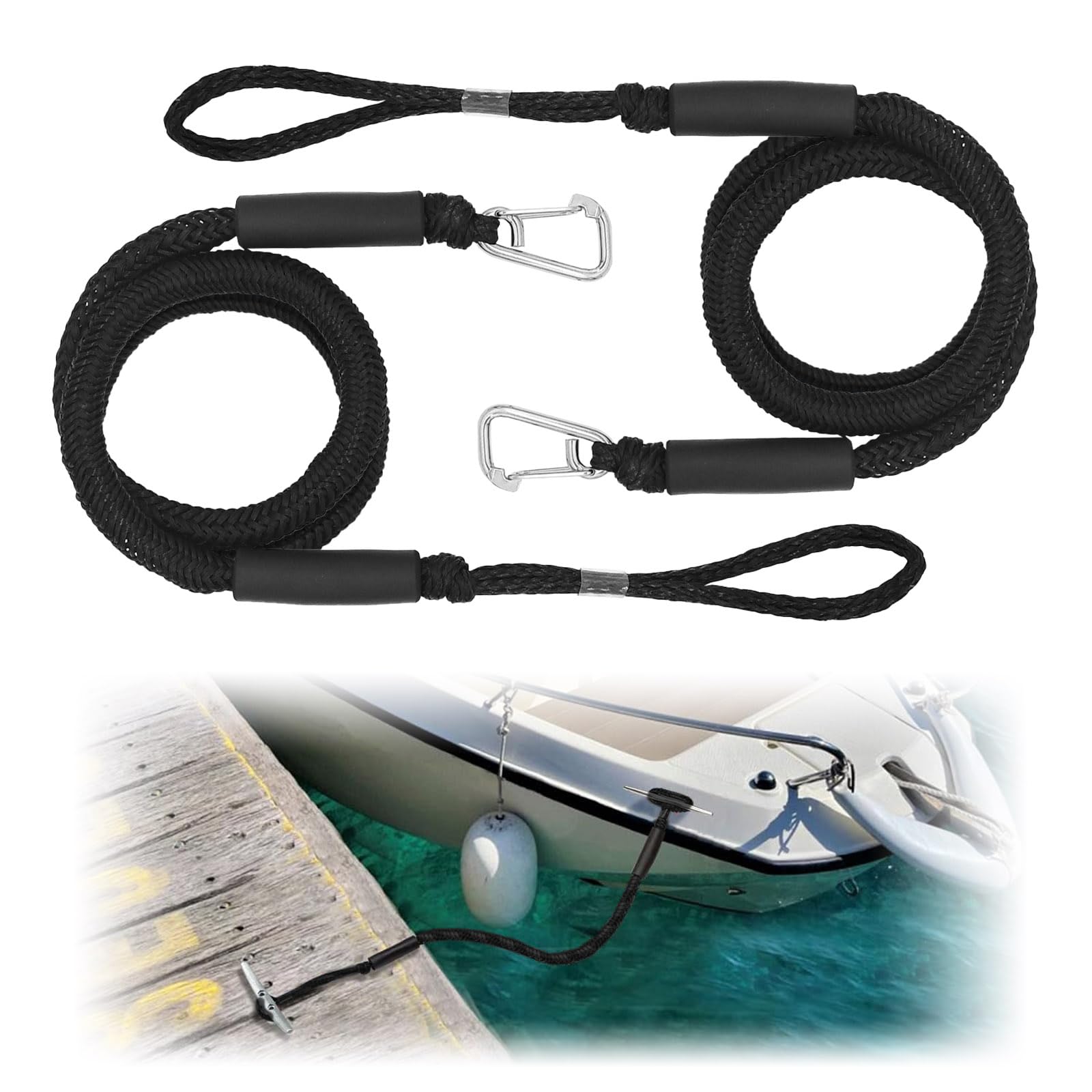 2 cavi di ancoraggio elastici per barche da 1,2 m, con clip e anello in acciaio inossidabile, corda di ancoraggio elastica regolabile, corda di ormeggio resistente per PWC, kayak, jet ski