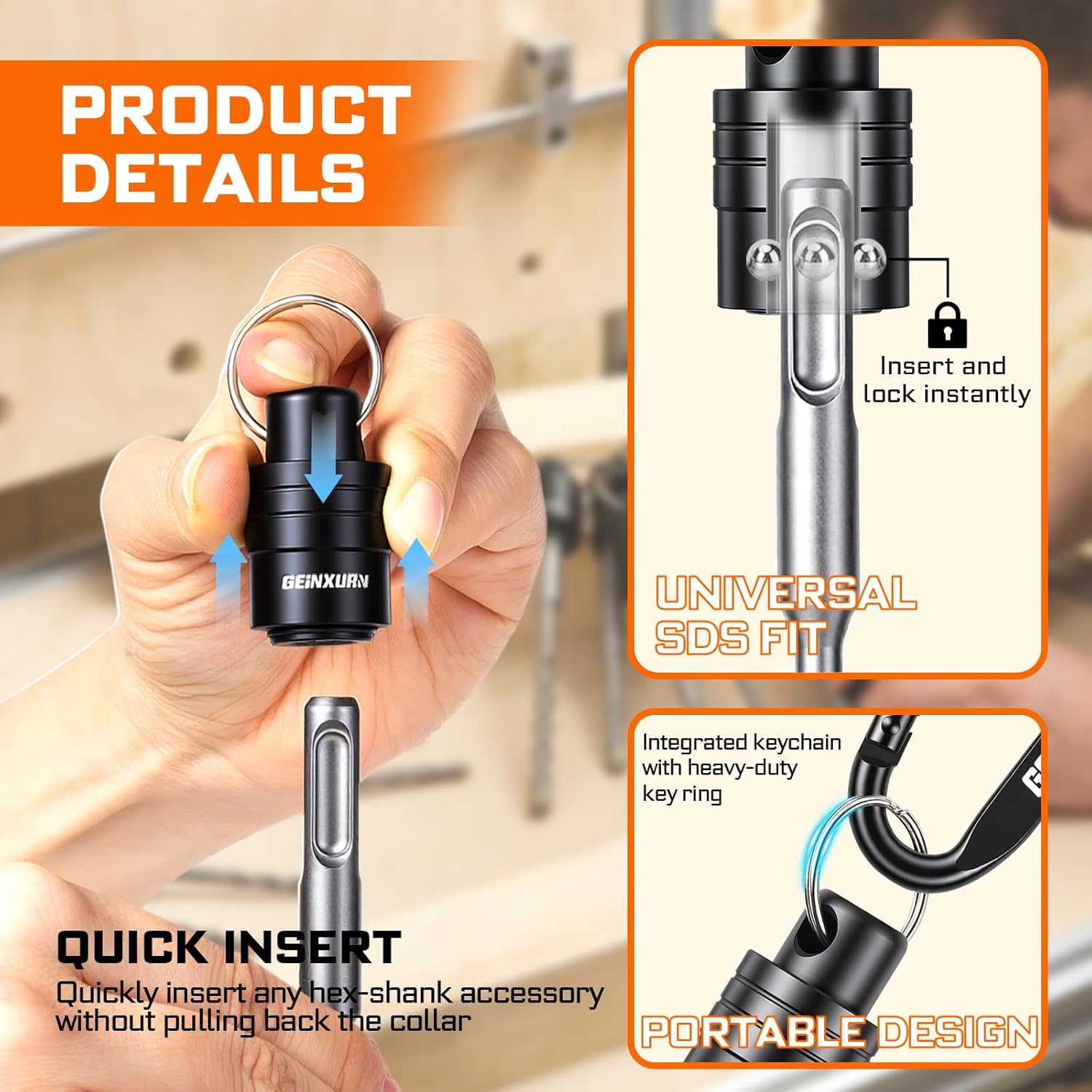 5Pcs SDS Shank Bit Holder Keychain Set, Heavy Duty Quick Release Drill Bit Storage Organizer for Impact Driver Drill Bit for Lineman, Electricians, Construction Crews Outdoor Work