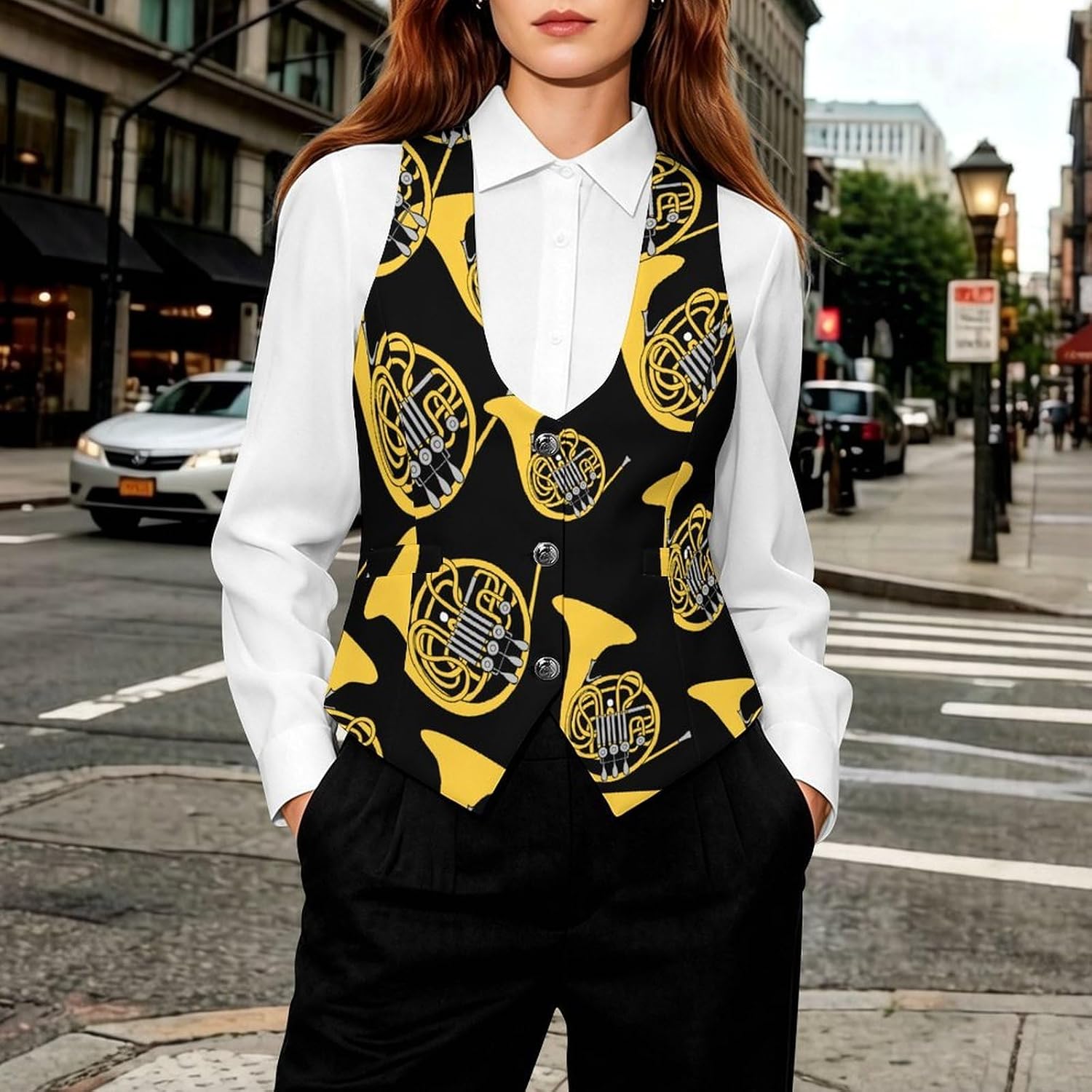 French Horn Women's Suit Vest V Neck Button Down Waistcoat Jacket Business Casual Tops