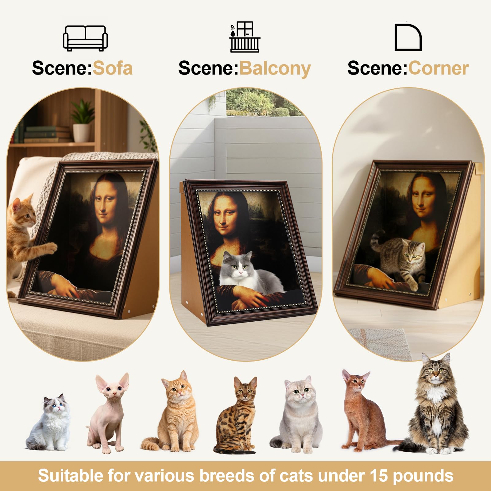 Mona Lisa legowisko dla kota – obraz olejny 4D - drapak dla kotów domowych, półokrągłe i podłokietniki, kartonowy domek dla kotów, nowość prezent dla kocich łap