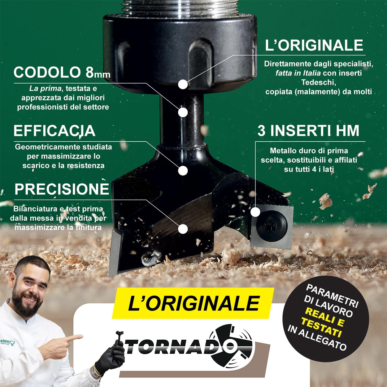 Fraiser Tornado - fresa per spianare legno diametro 35 mm, gambo 8 mm, con 3 inserti intercambiabili in metallo duro 10.5 mm, per livellare, bordi e scanalature - per CNC e fresatrice verticale