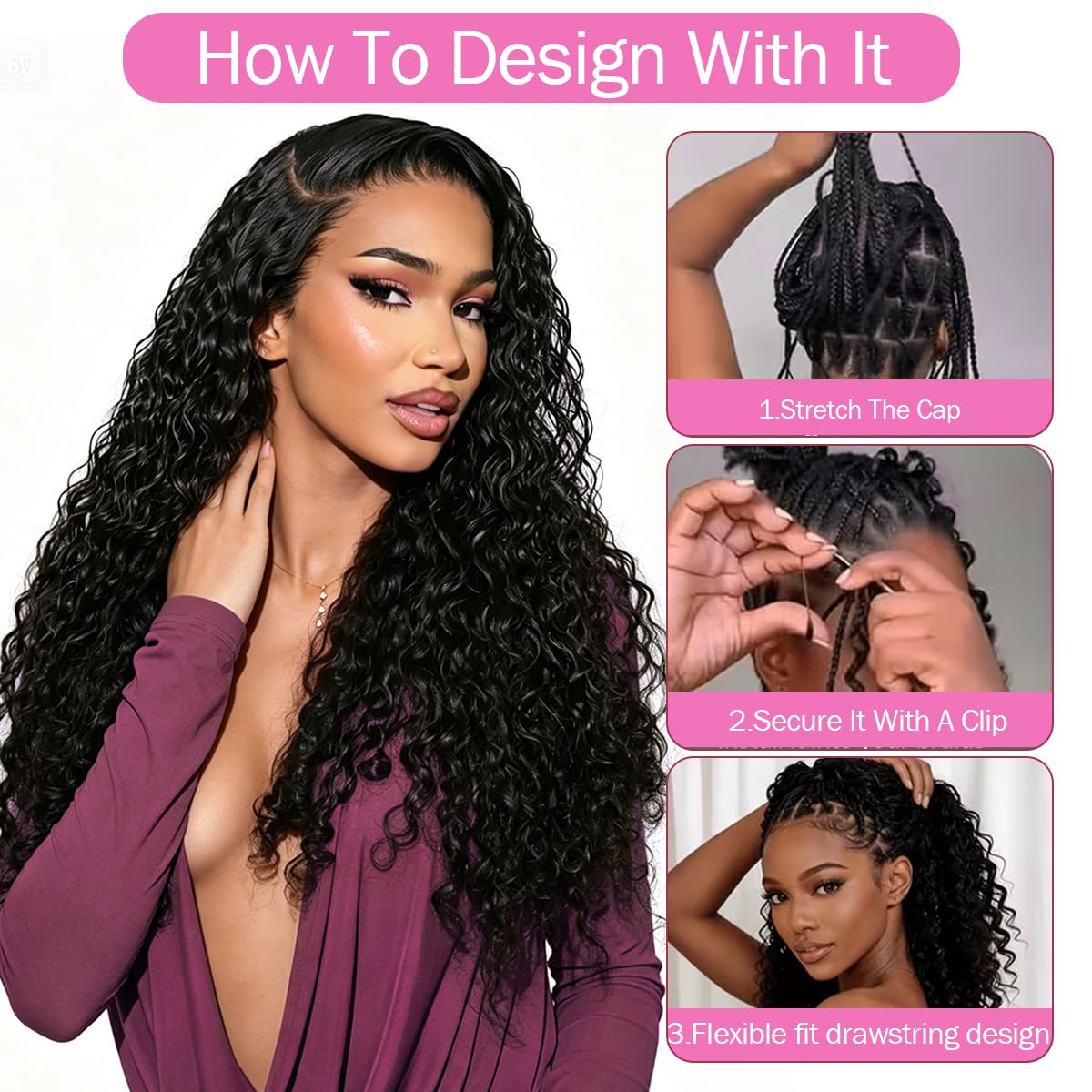 Half Wig Human Hair Deep Wave 200% Density Curly Human Hair Half Wig 16 Inch 3 In 1 Glueless Wear Go Wigs for Black Women with Drawstring Beginner Friendly Flip Headband Wig Natural Black