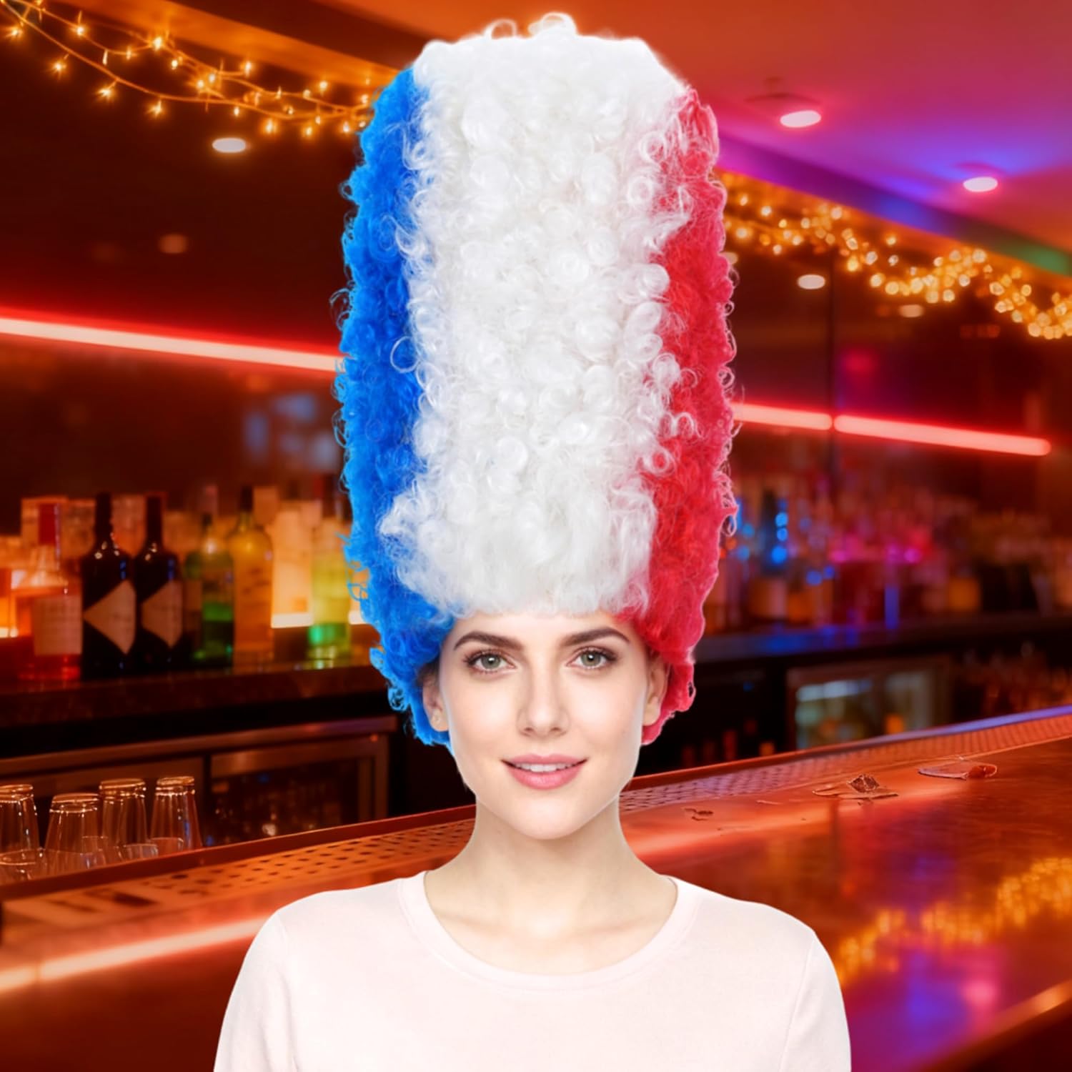 Hair Cap+Red White Blue Beehive Wig Tall Curly Wigs for Women Tall Beehive Wig 4th of July Hair Curly Fluffy Costume Afro Party Outfit for Themed Party Halloween Cosplay Creative Photography