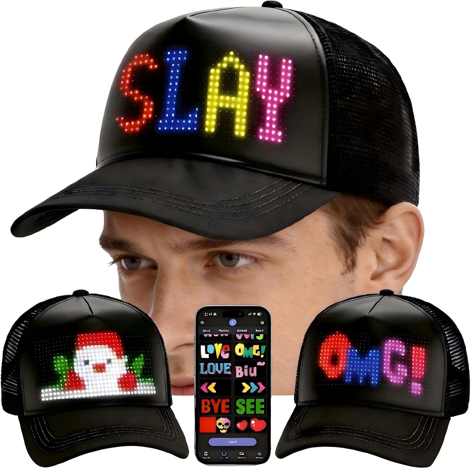 Programmable LED Hat Bluetooth App Control, Custom Text Smart Baseball Cap, Rave Party Funny Hats, for Men