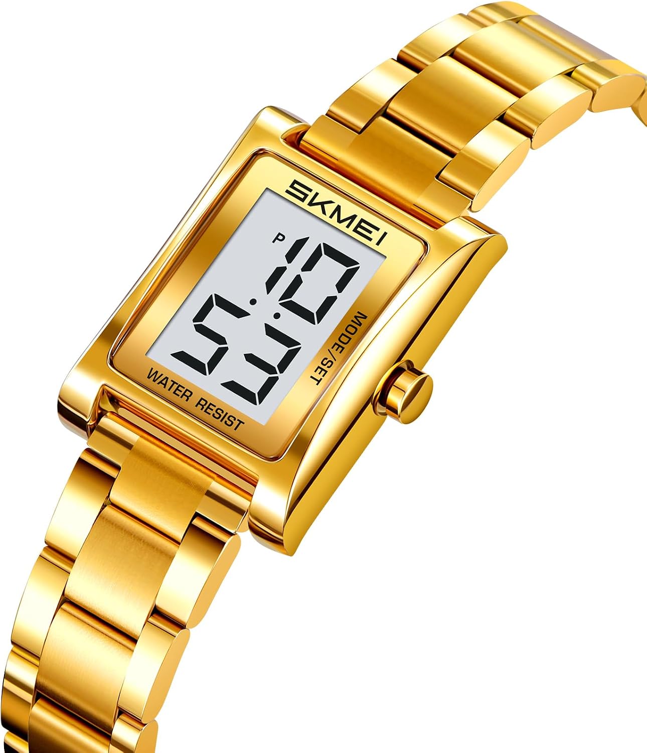FANMIS Gold Digital Watch for Women Square Stainless Band LED Dress Watches