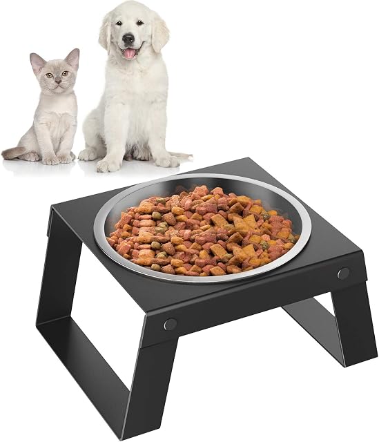 Pawaboo Elevated Dog Bowl, Foldable Metal Food Stand Stainless Steel Dog Food Water Feeding Bowl, with Non-slip Mat Collapsible Pet Bowl, No Spill Raised Pet Bowls for Small Dog and Cat, Black