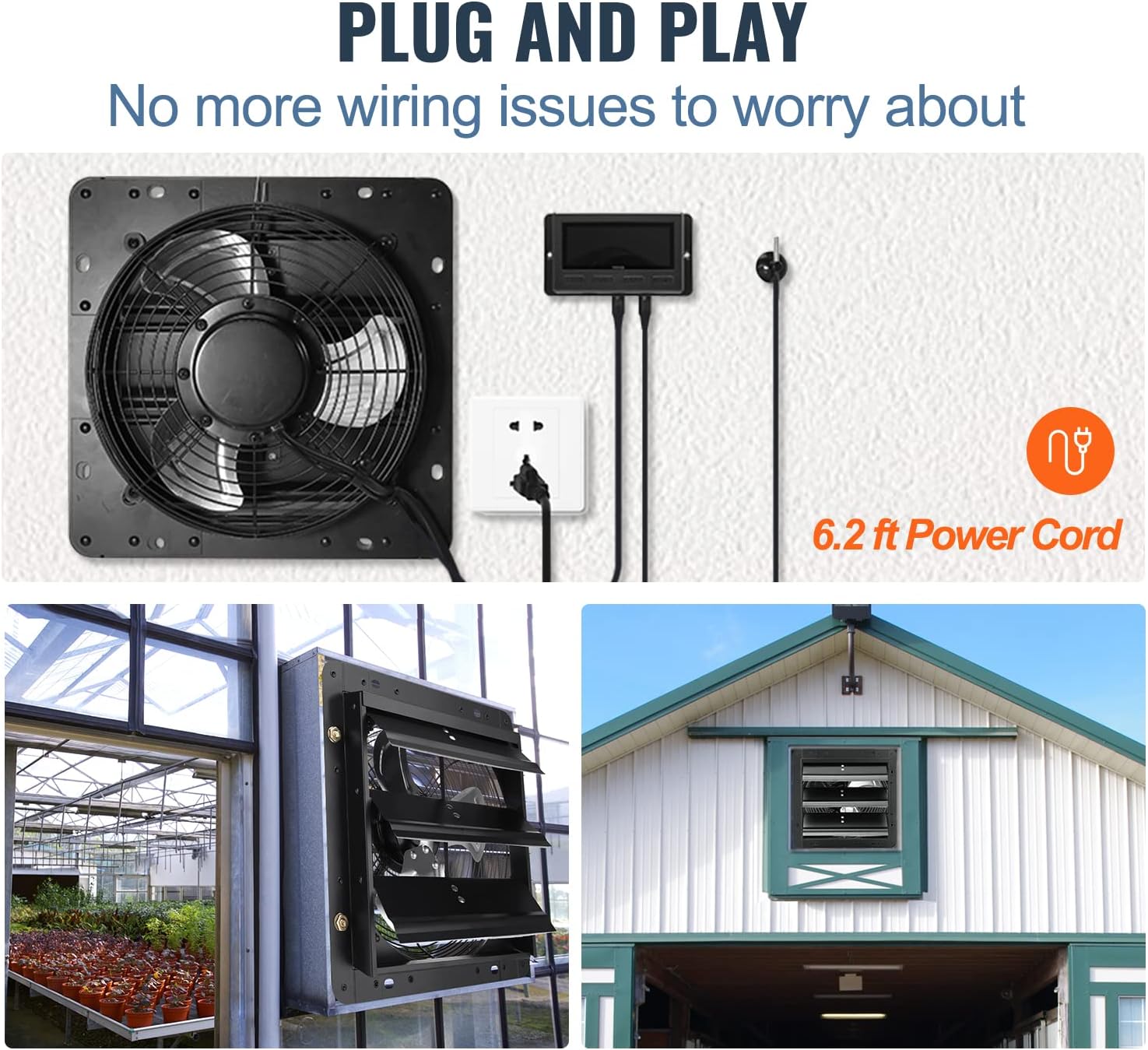 VEVOR Shutter Exhaust Fan installed in a greenhouse and a barn