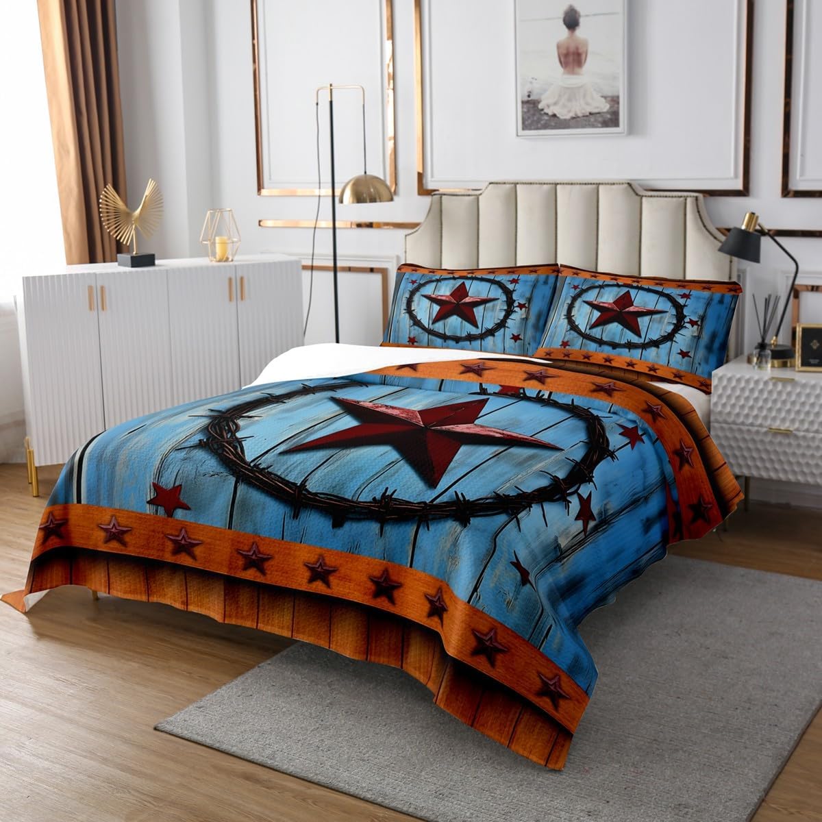 Feelyou Red Western Texas Star Coverlet Set Rural Country Farmhouse Bedspread for Kids Boys Girls Rustic Wooden Board Quilted Coverlet Vintage Brown Blue Quilted Room Decor Twin Size