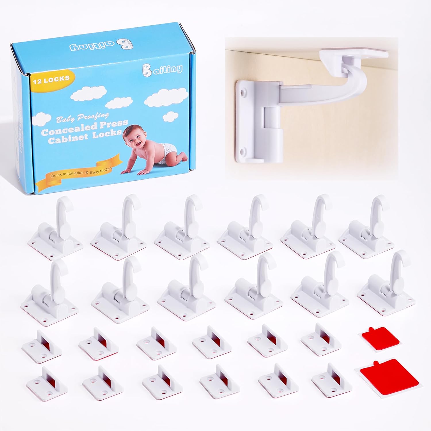 Invisible Baby Proofing Cabinet Latch Locks (12 Pack) – No Drilling or Tools Required for Installation