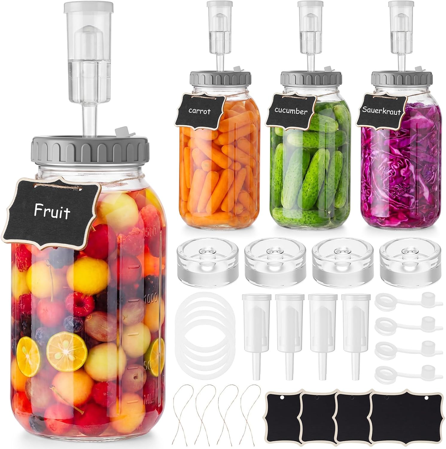 Mifoci 4 Pack Fermentation Jar Kit 64 oz Mason Glass Fermenting Jars with Fermenting Lids Airlock Lids Glass Weights Airlocks Silicone Rings for Easy Making and Storing Pickles Sauerkraut Kimchi