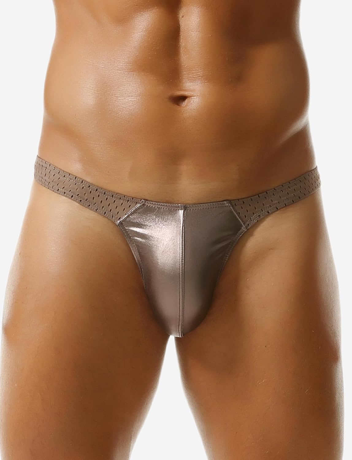 Panegy Metallic Thongs for Men Sexy Mesh Low Waist G-Strings Hollow-out Thong Panties