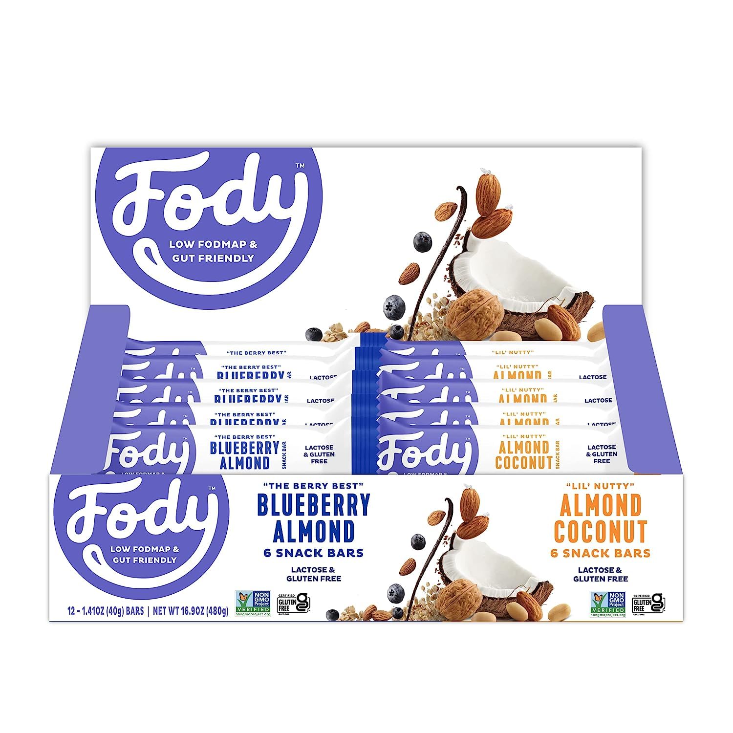Fody Foods Vegan Protein Nut Bars, Blueberry Almond